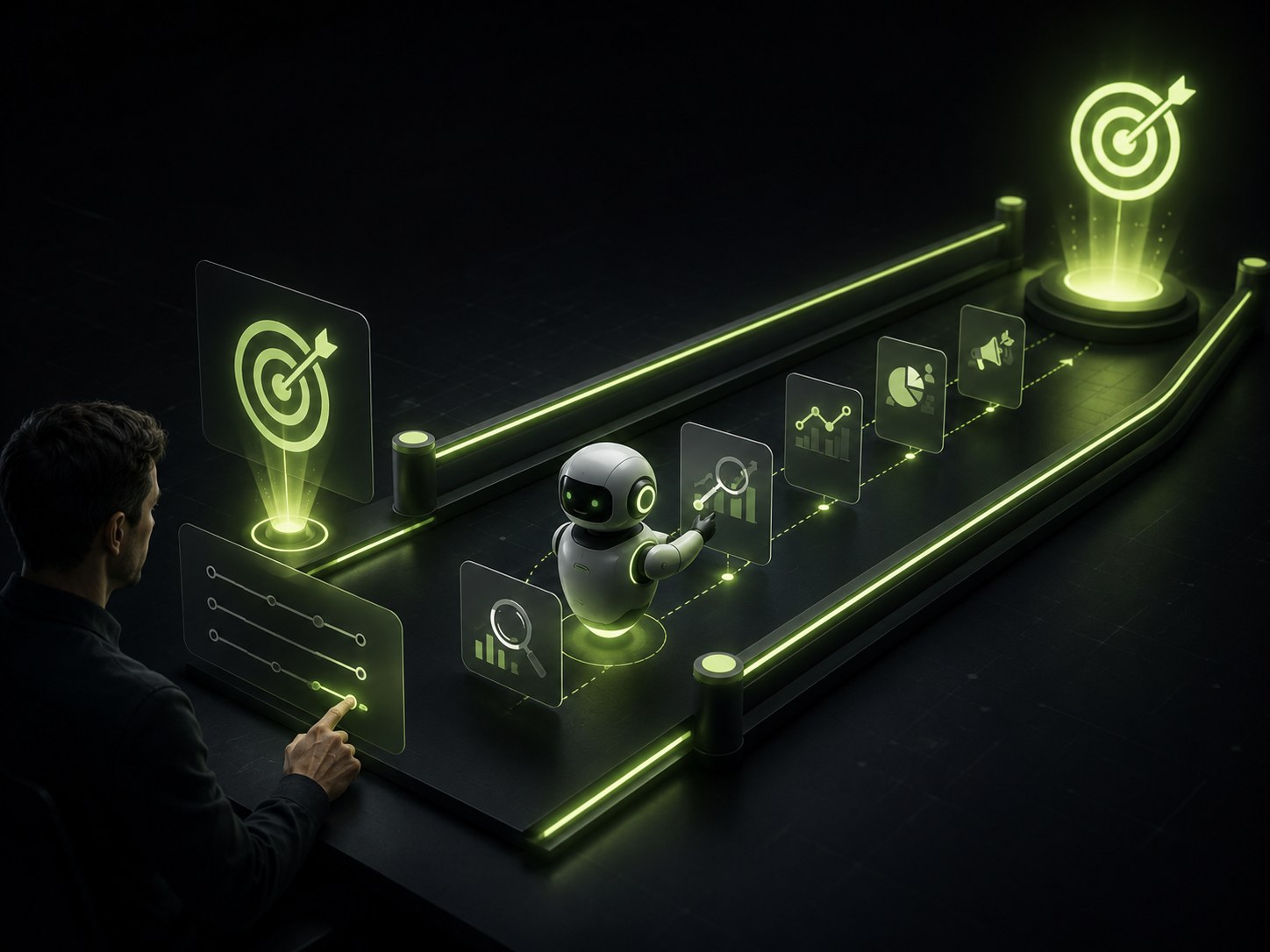 Editorial illustration on a dark background of a person setting a clear goal and guardrails for a marketing AI agent, which then operates autonomously within those defined boundaries