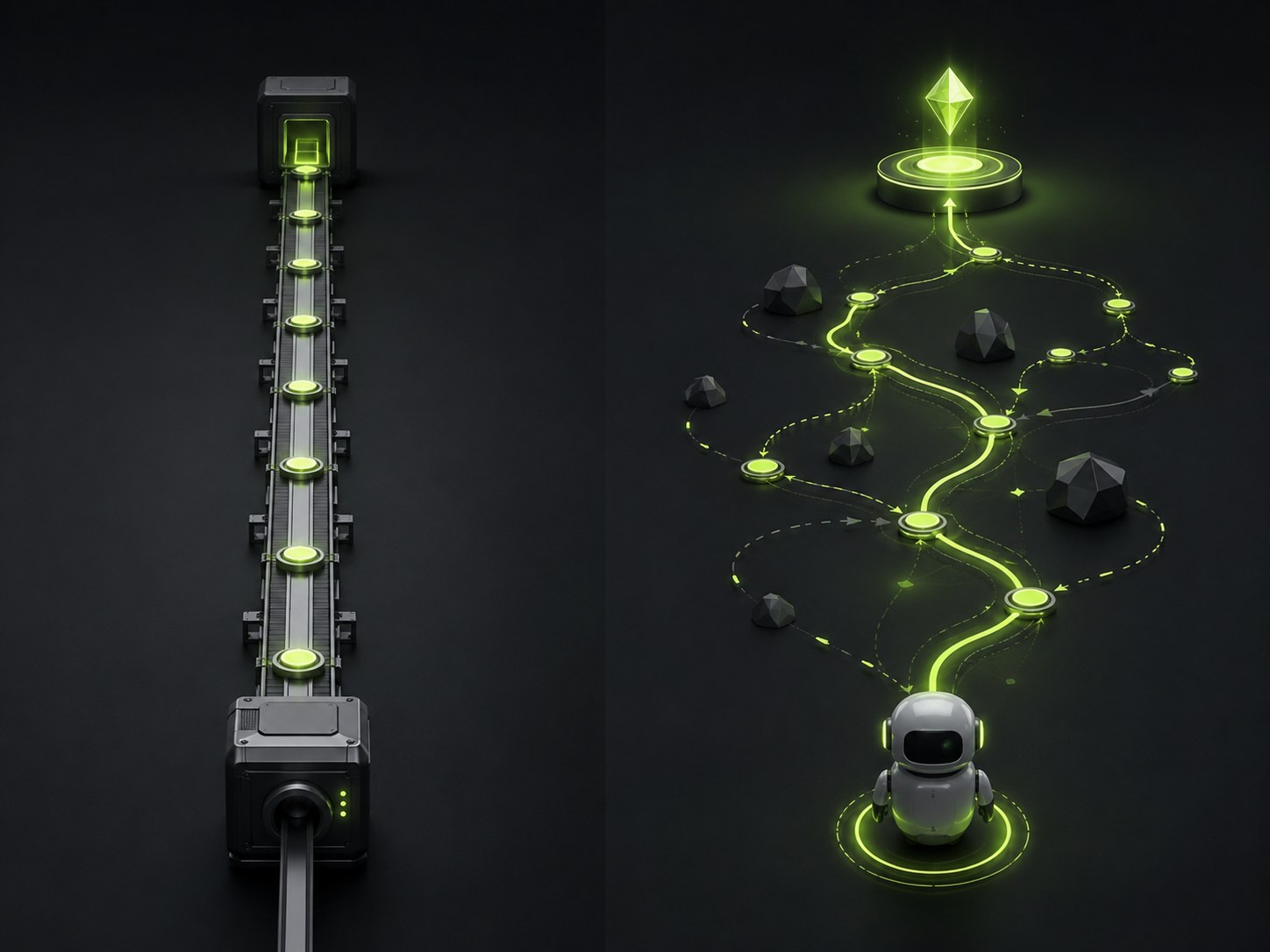 Editorial illustration on a dark background contrasting fixed rule-based automation following a set path with an AI agent given a goal choosing and adjusting its own steps towards it