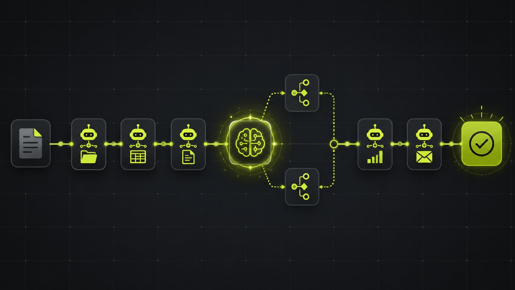 Editorial illustration on a dark background of RPA and agentic automation combined, rule-based bots handling deterministic steps and an AI agent handling the judgement steps within one process