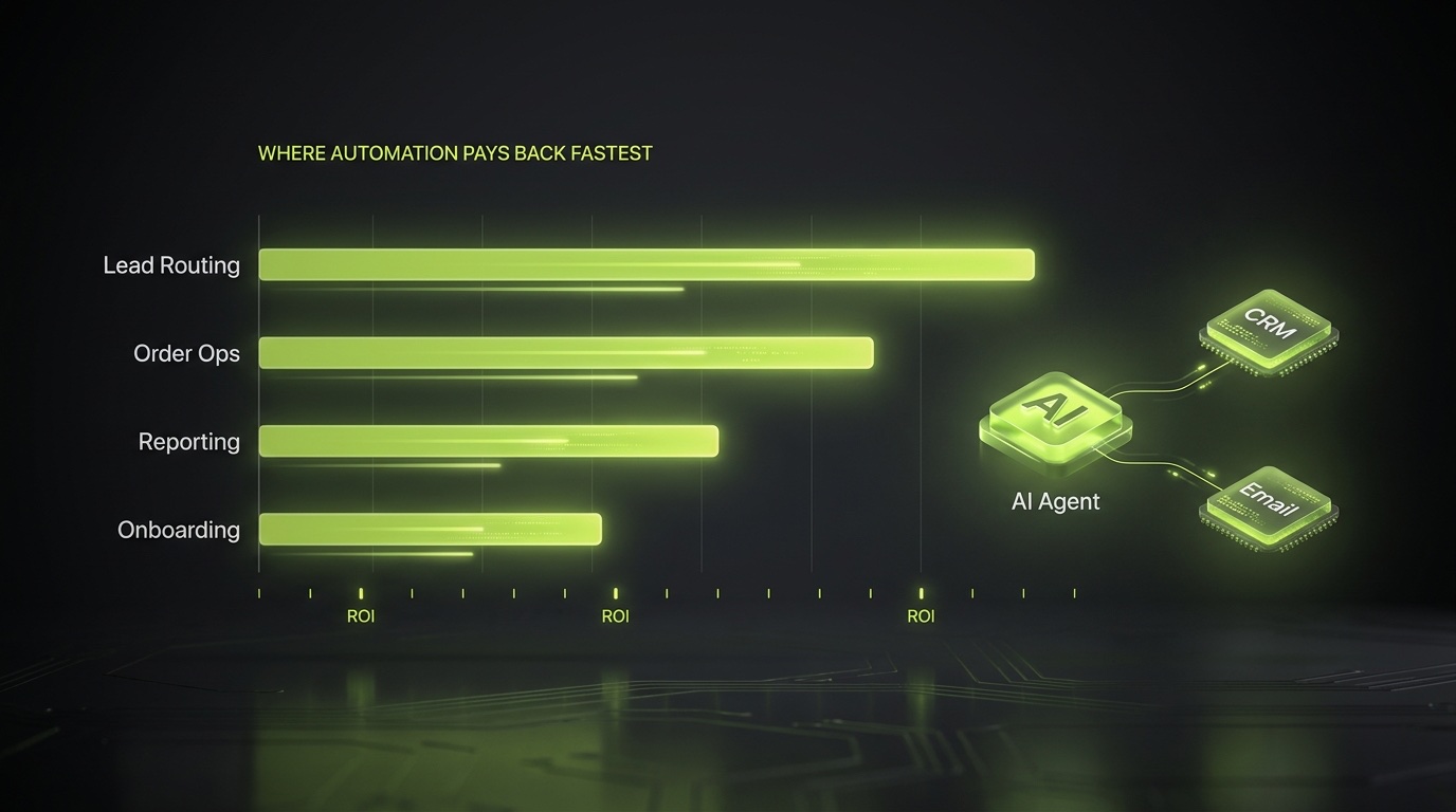 Dark bar chart titled Where Automation Pays Back Fastest comparing Lead Routing, Order Ops, Reporting and Onboarding by payback speed, with an AI Agent node connected to CRM and Email chips, in lime on charcoal