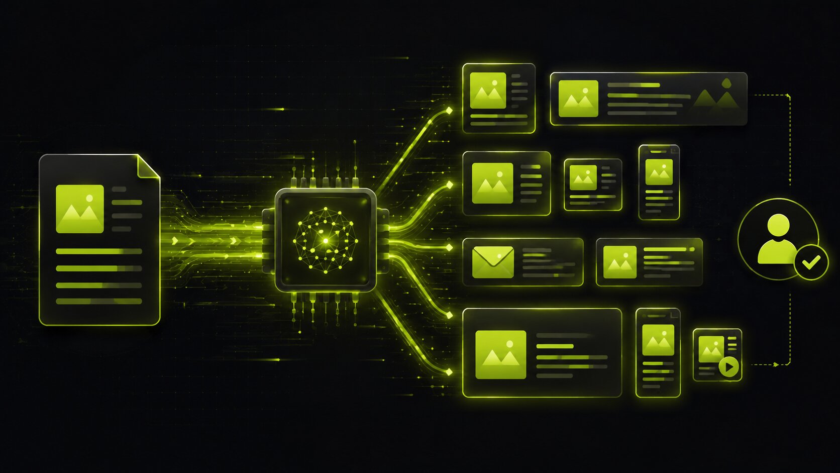 Editorial illustration on a dark background of AI automating marketing content production, one brief becoming many adapted versions of copy and creative across channels
