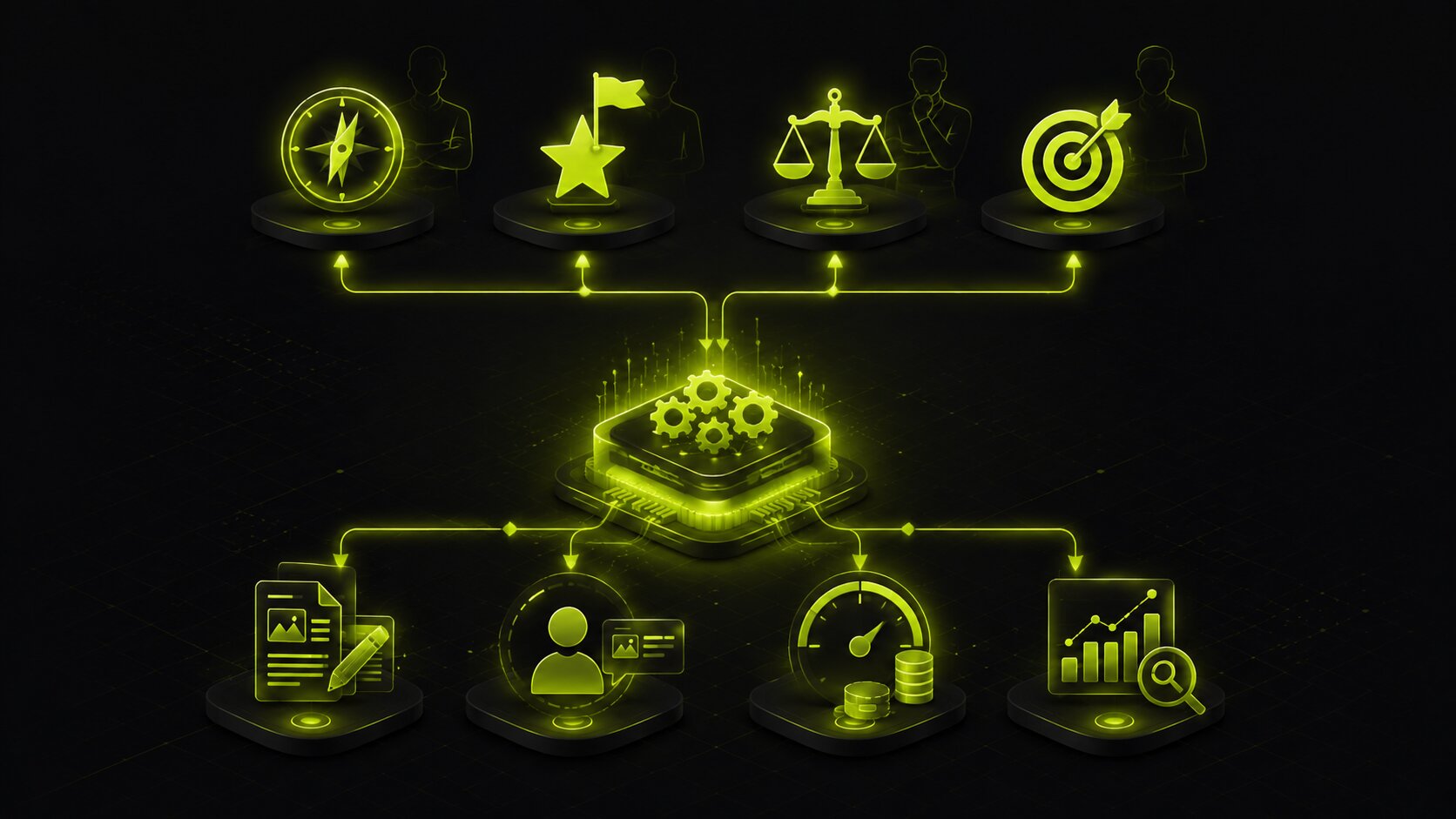 Editorial illustration on a dark background of the human side of marketing, strategy, brand judgement and direction, guiding an AI engine that executes content, personalization and optimization