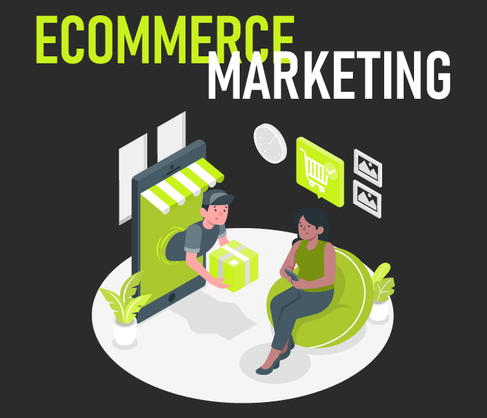 Isometric illustration of ecommerce marketing showing a mobile storefront and shopping cart, representing a Google Merchant Center product feed feeding AI shopping recommendations