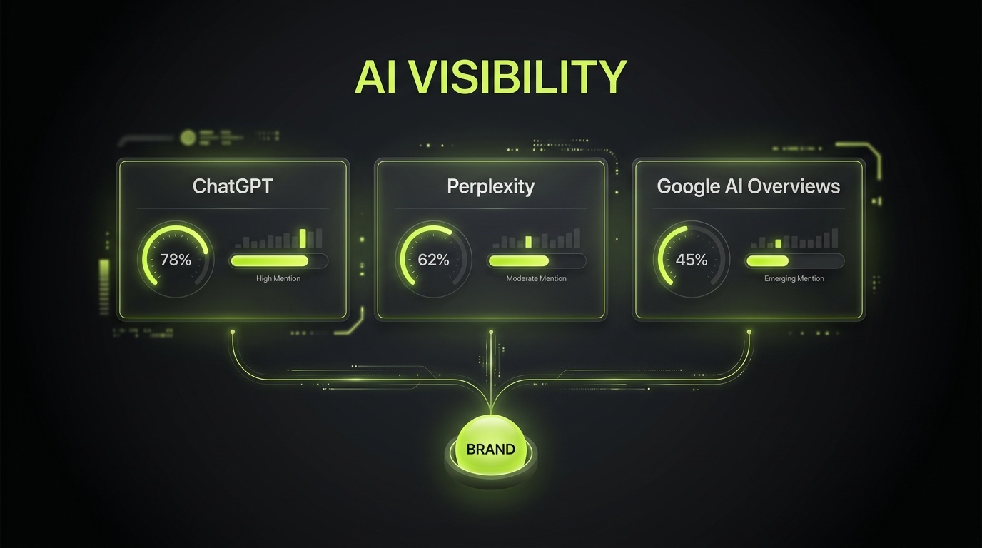 Dark dashboard illustration titled AI Visibility with three lime-accented panels for ChatGPT, Perplexity and Google AI Overviews, each showing a score gauge, connected to a central BRAND node