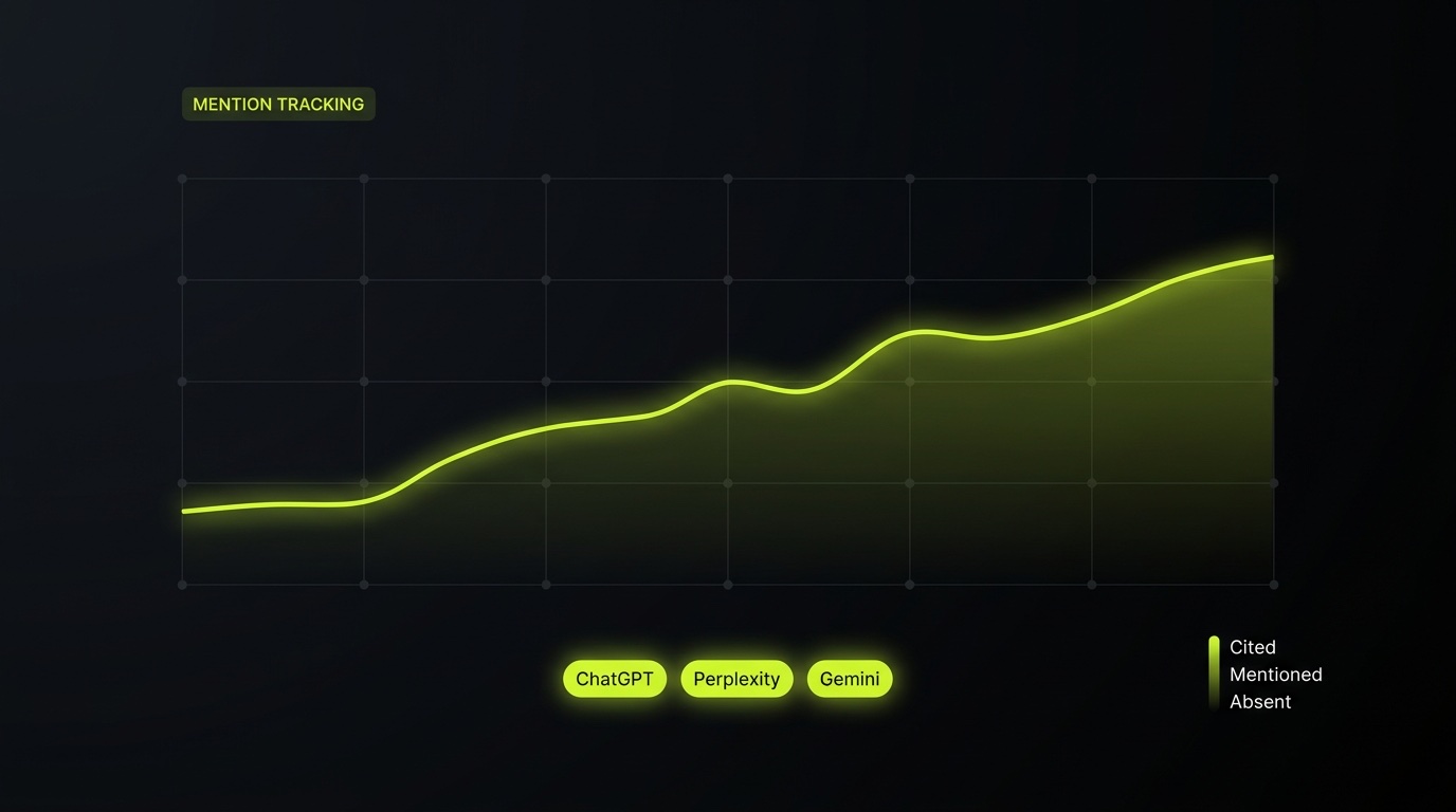 Dark line graph titled Mention Tracking trending upward over time with lime pills for ChatGPT, Perplexity and Gemini and a legend reading Cited, Mentioned, Absent