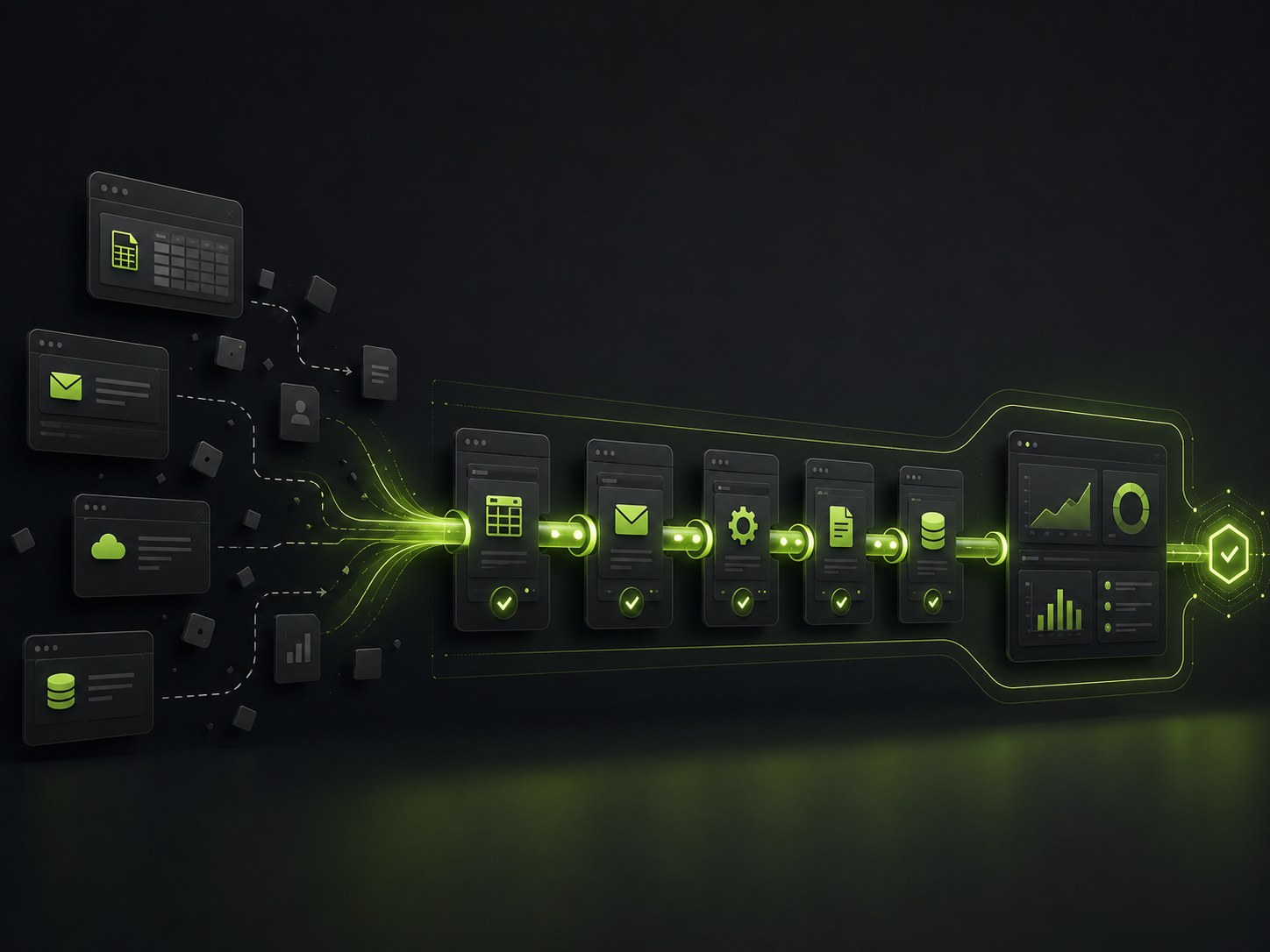 Editorial illustration on a dark charcoal background with lime accents: a multi-step process connected end to end across several tools into one flowing automated workflow, replacing scattered manual handoffs