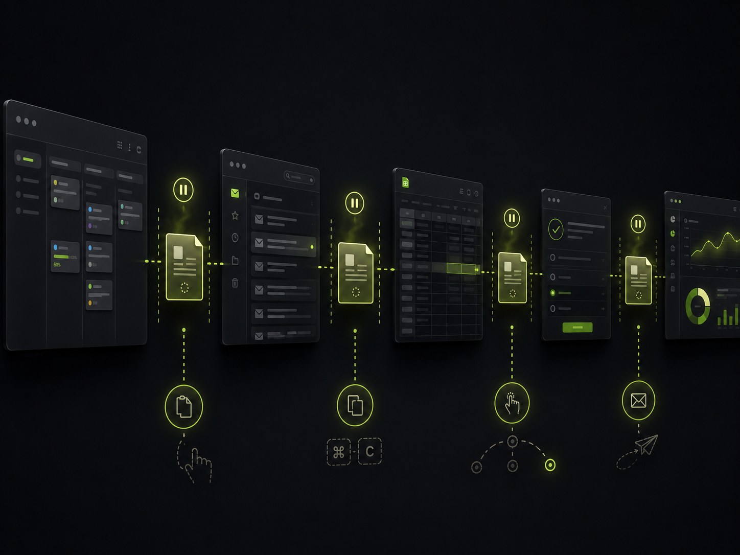 Editorial illustration on a dark background of work stalling at the handoffs between disconnected tools, with copy-paste, waiting inboxes and manual routing marked as the points of delay