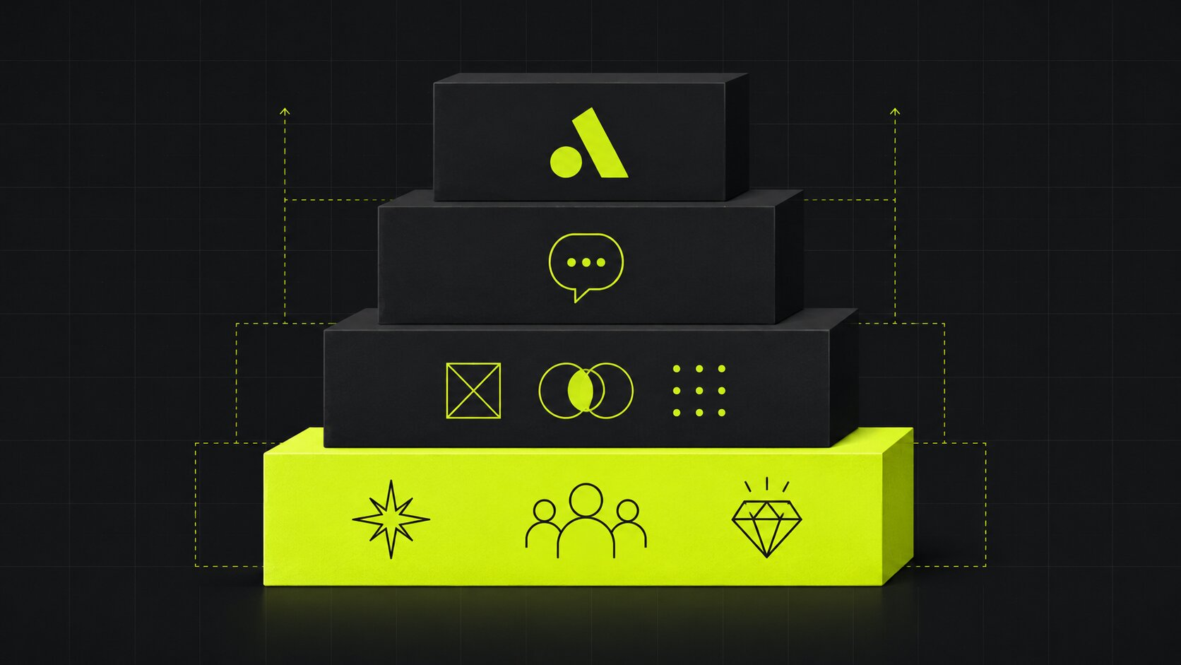 Editorial illustration on a dark background of brand strategy as the foundation, what a brand stands for, who it is for and how it differs, sitting beneath the visual identity that grows from it