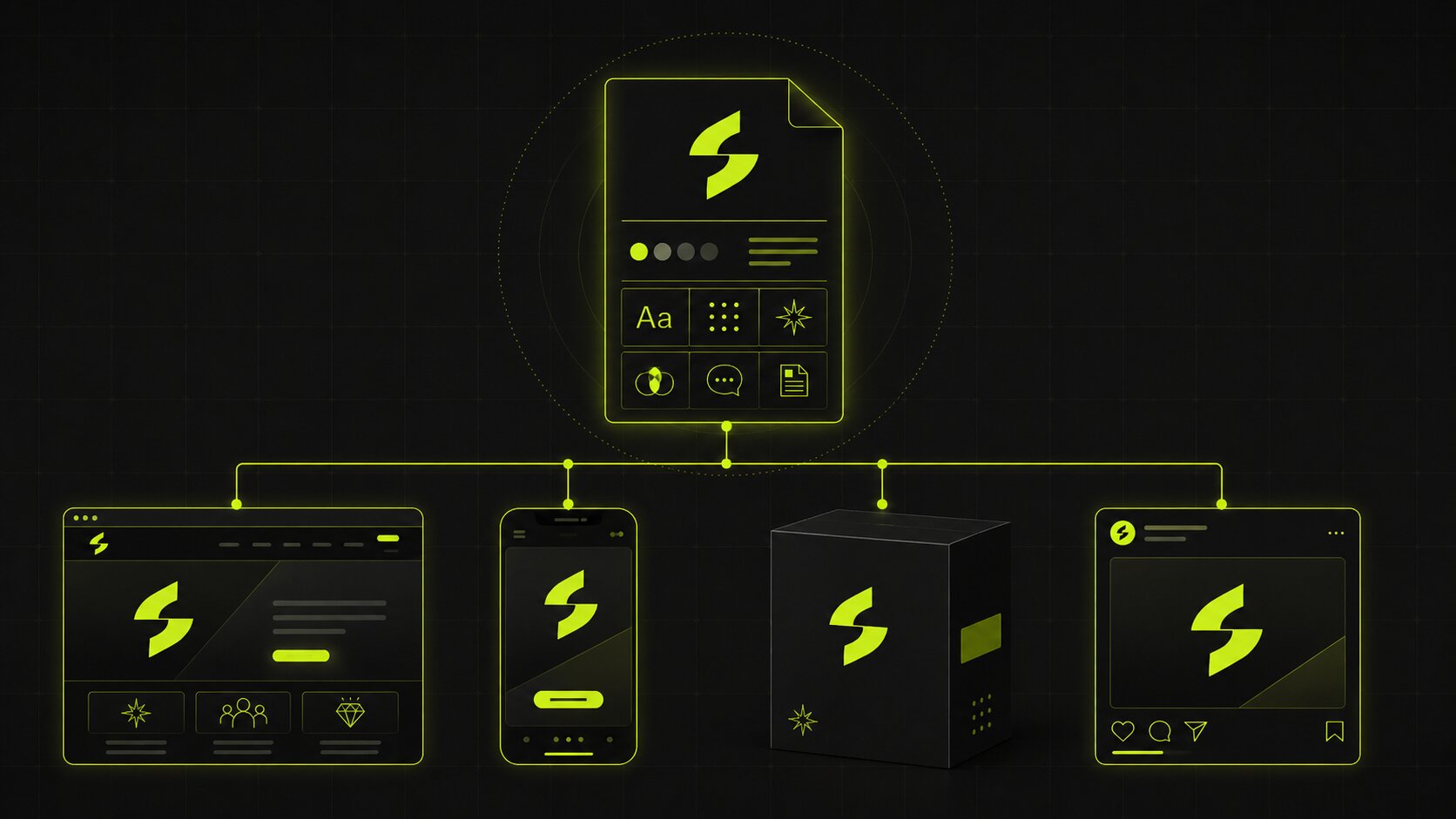 Editorial illustration on a dark background of brand consistency across touchpoints, website, ad, packaging and social all sharing the same identity, held together by brand guidelines