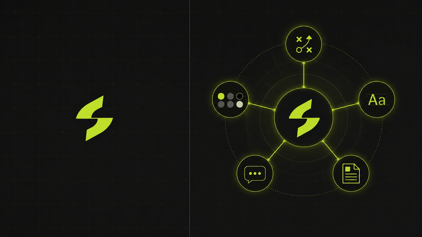 Editorial illustration on a dark charcoal background with lime accents: a single logo mark on one side and a full brand system on the other, strategy, identity, voice and guidelines around it