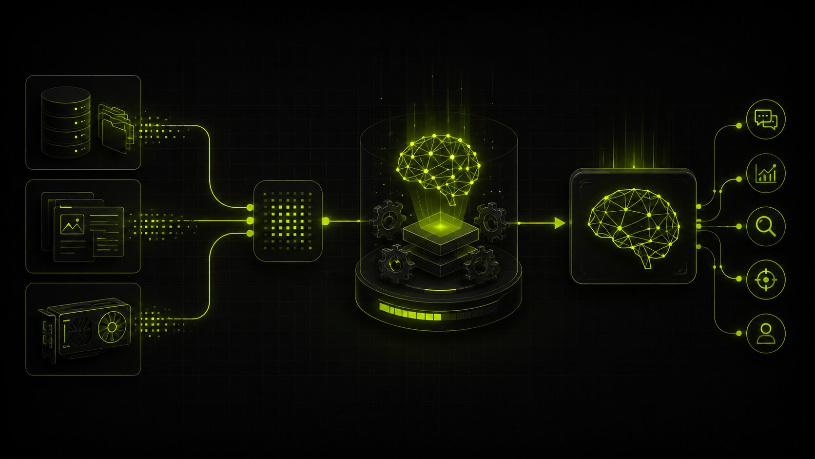 Editorial illustration on a dark background of building a custom AI model: proprietary data and compute feeding a training process that shapes a model around a specific business task