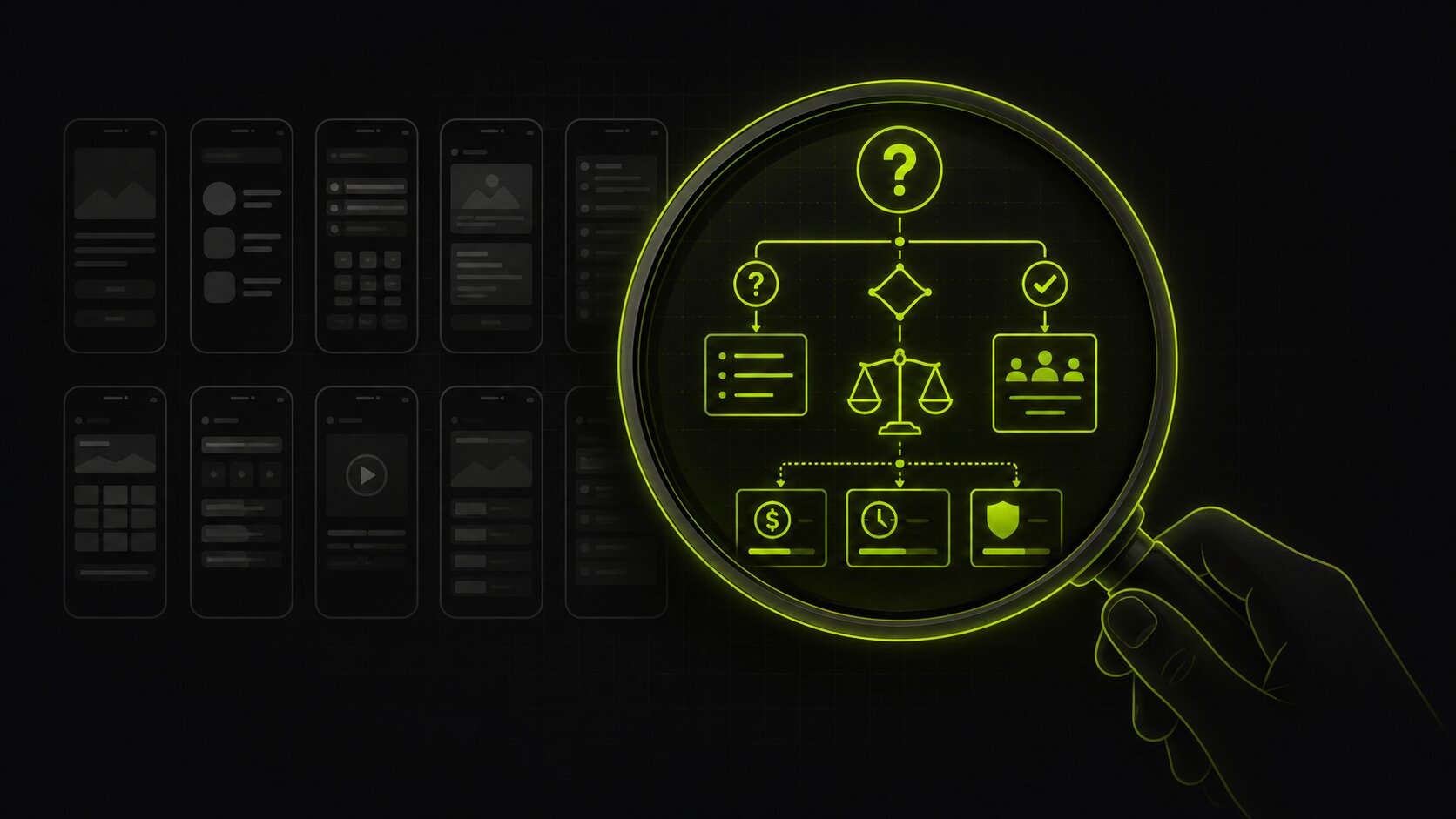 Editorial illustration on a dark background of evaluating an app development partner by how they reason, a magnifying glass over their thinking and process rather than only a portfolio of past screens