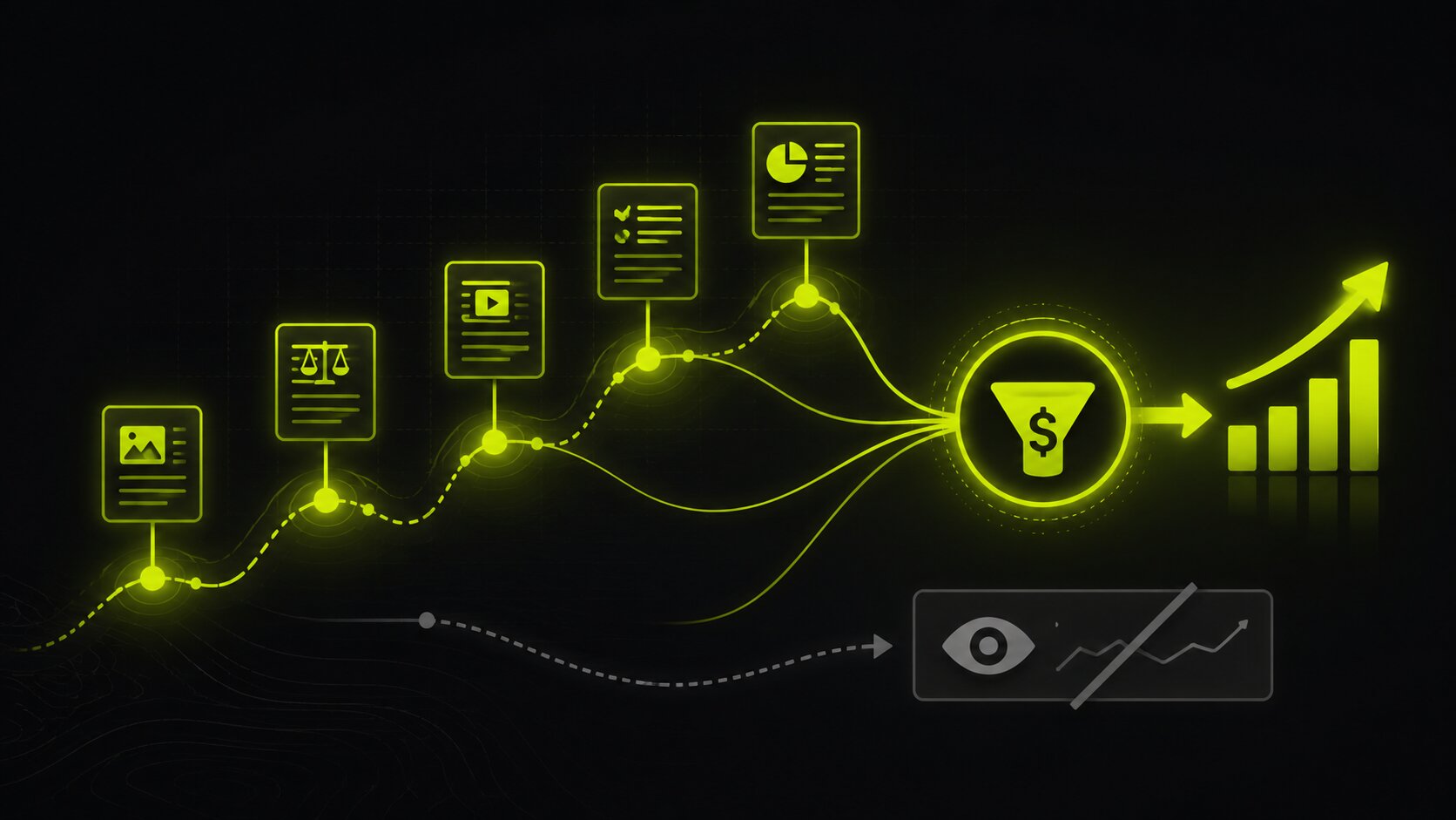 Editorial illustration on a dark background showing content contribution measured by sourced and influenced pipeline and revenue rather than a pageview number, with several content touches feeding a single deal