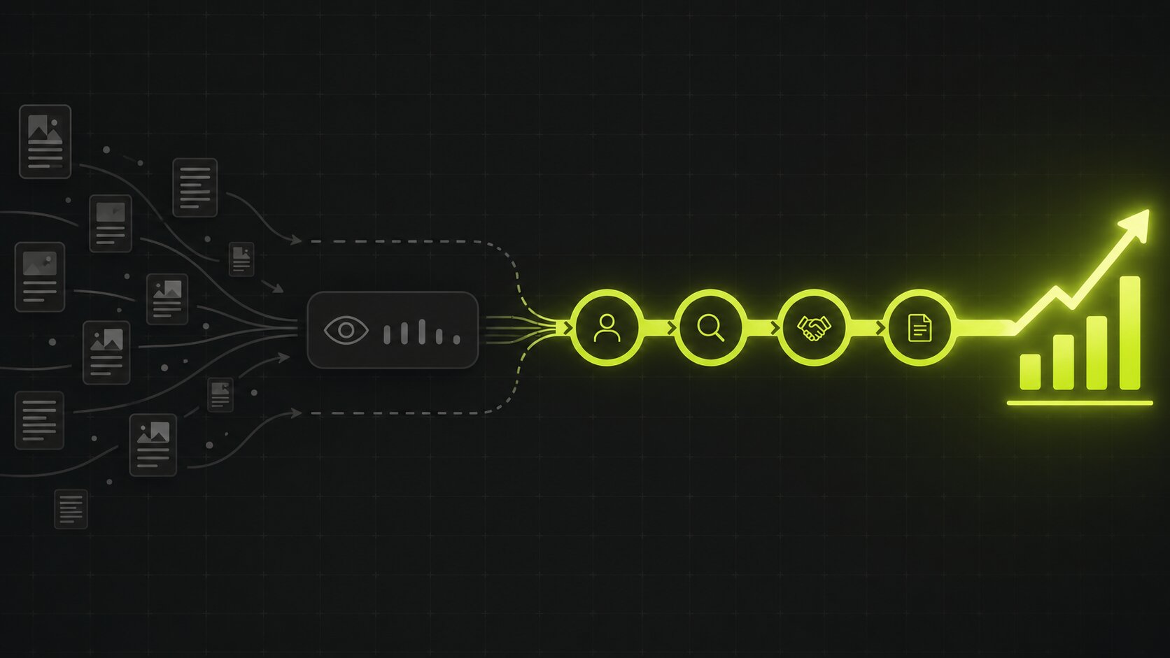 Editorial illustration on a dark charcoal background with lime accents: a stream of content pieces flowing past a vanity pageview counter toward a pipeline of deal stages and a rising revenue figure