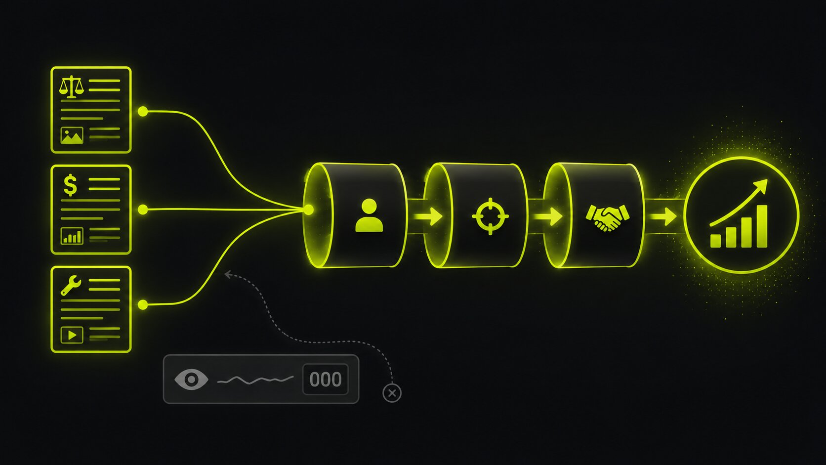 Editorial illustration on a dark background of content pieces flowing past a vanity pageview counter into a pipeline of deal stages, showing content that creates qualified demand rather than just traffic