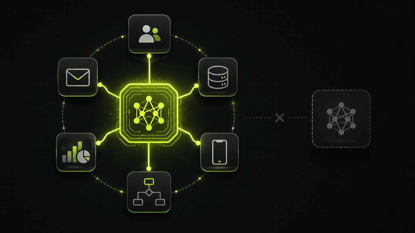 Editorial illustration on a dark background of an AI solution integrating into a company's existing systems and workflows rather than standing alone as an isolated demo