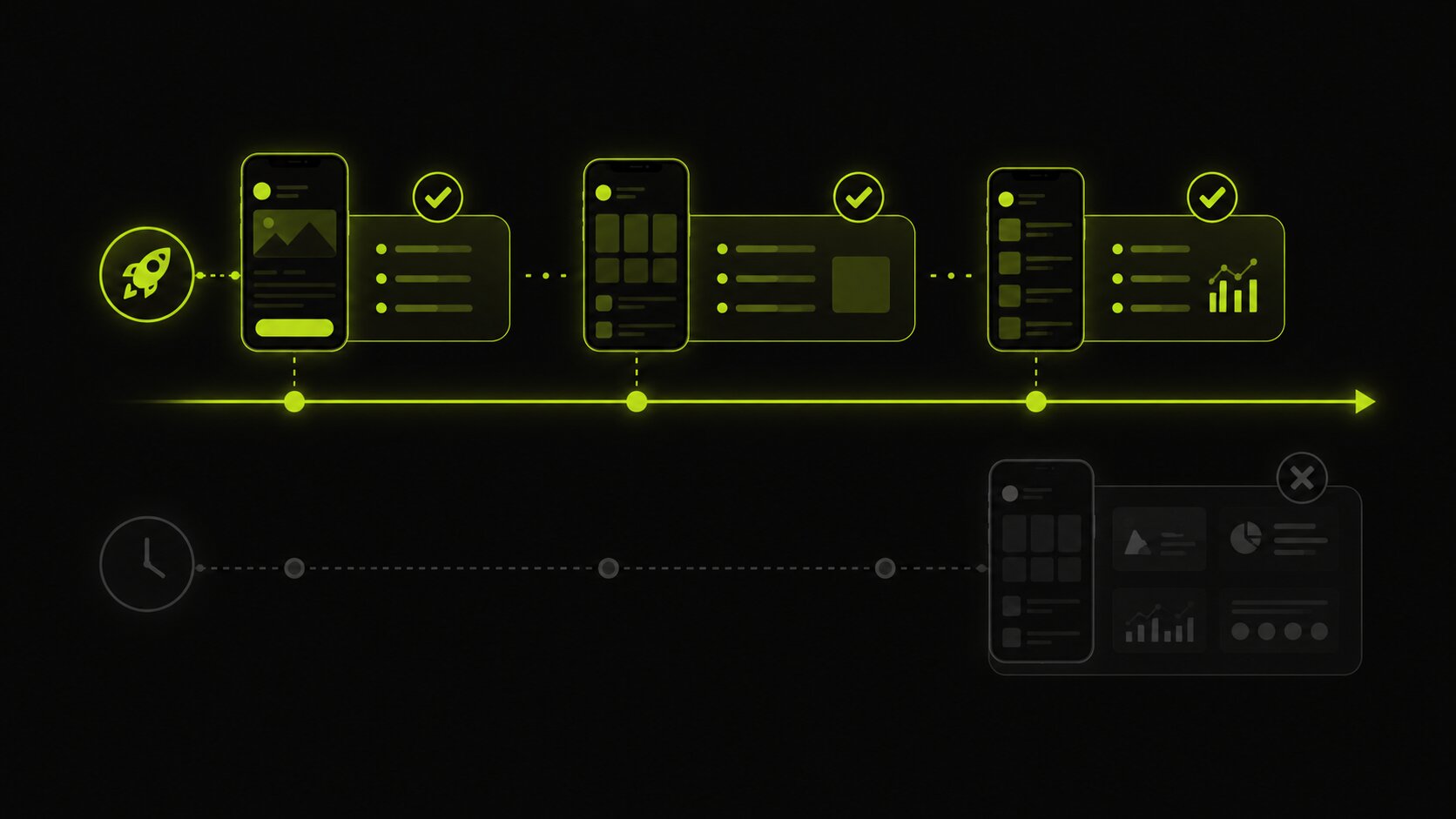 Editorial illustration on a dark background of delivering a custom app in phases, a first useful version shipping early followed by later phases, rather than one large launch at the end