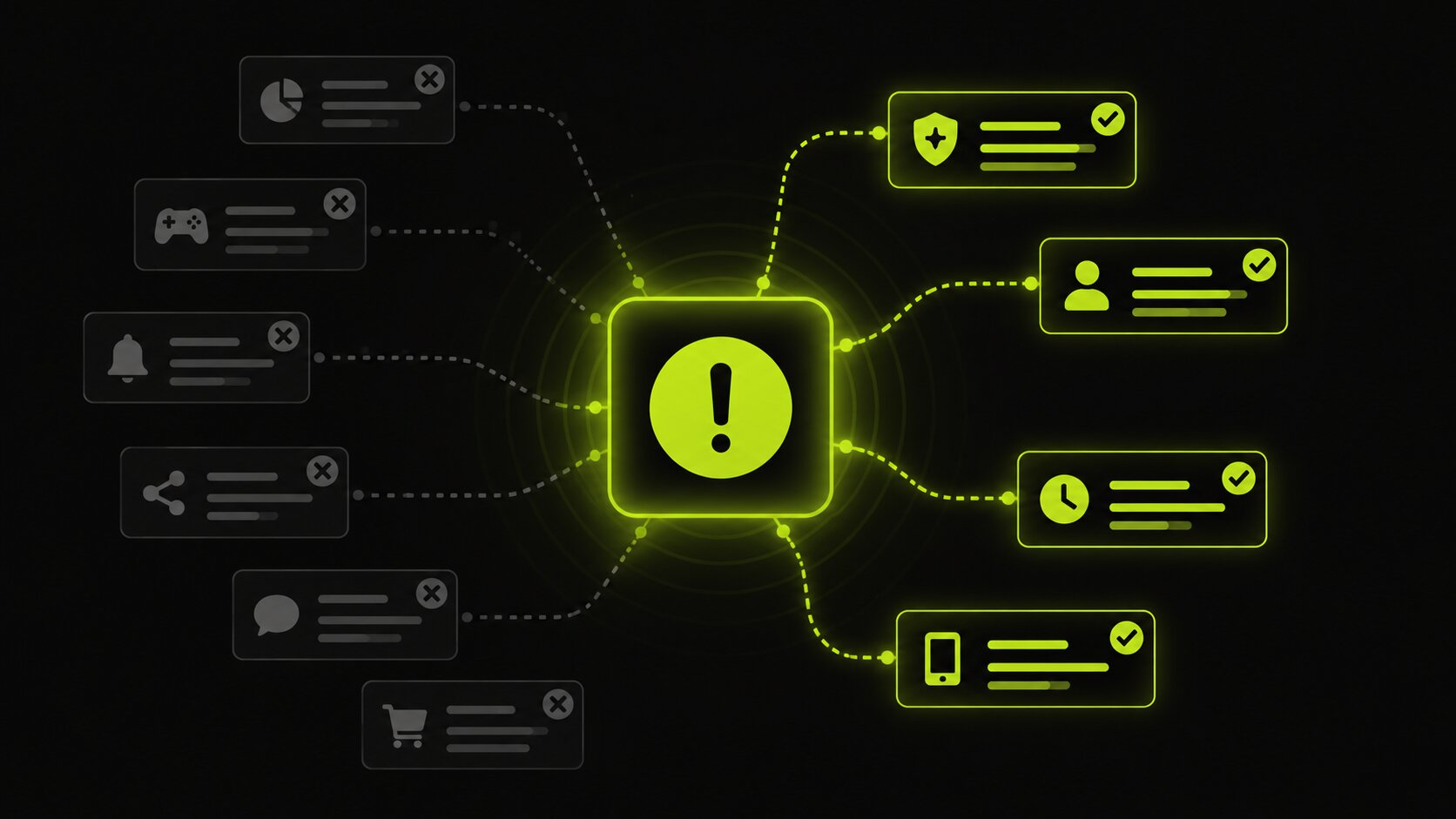 Editorial illustration on a dark background of scoping from a clearly defined problem rather than a long feature wishlist, the problem at the centre and only the features that serve it kept