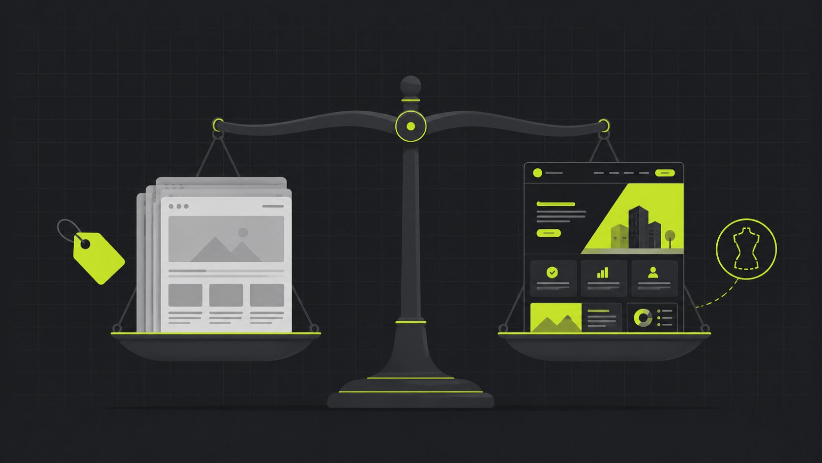 Editorial illustration on a dark charcoal background with lime accents: a ready-made website template on one side and a custom-built website tailored to a business on the other, weighed against each other