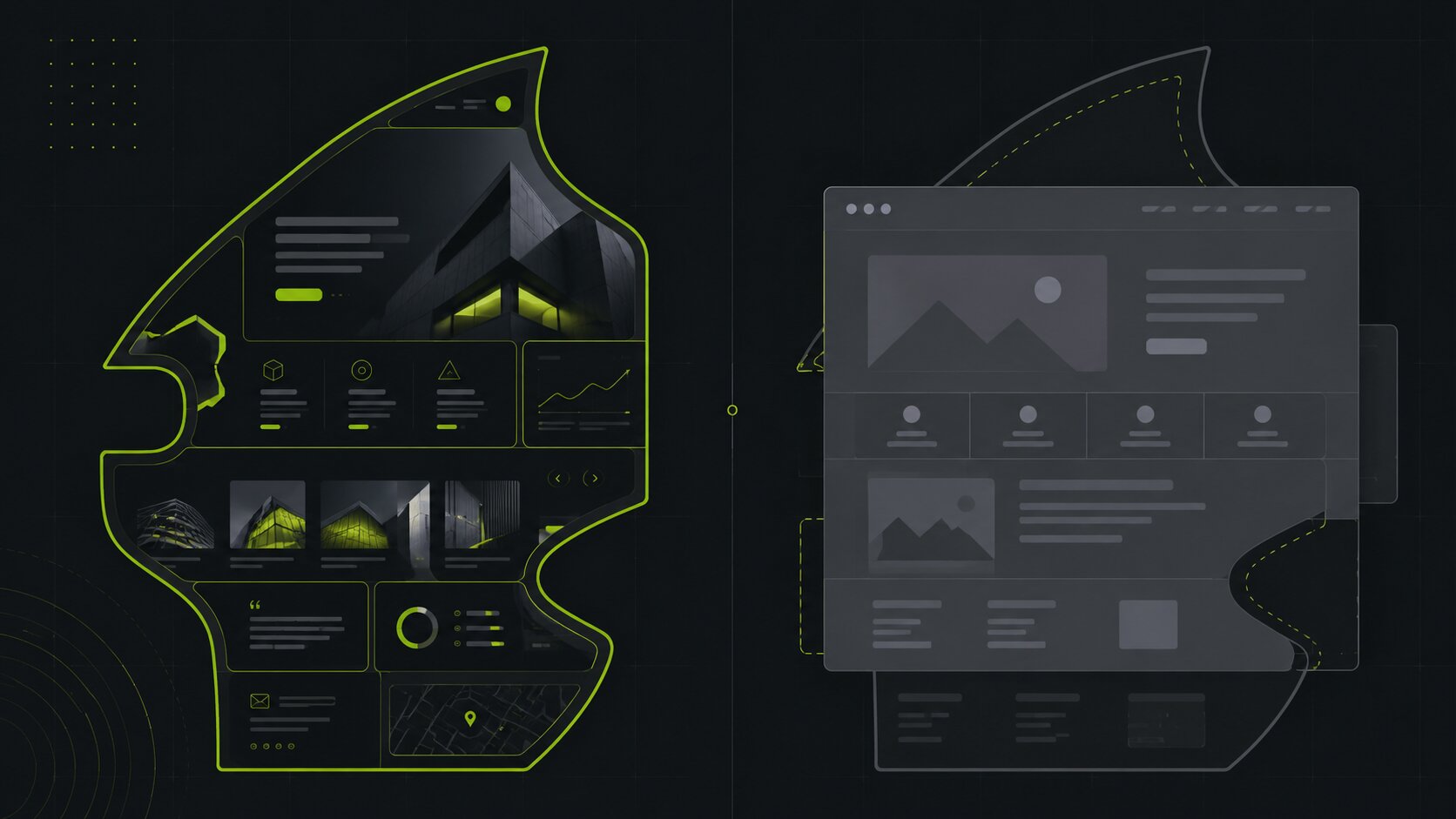 Editorial illustration on a dark background of a custom website built precisely around a business's own structure and needs, contrasted with a generic template that must be adapted to fit