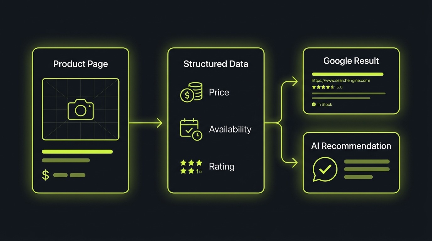 Editorial illustration on a dark background of an online product page connected to a structured data panel listing price, availability and rating, with that data flowing into a Google search result and an AI shopping recommendation