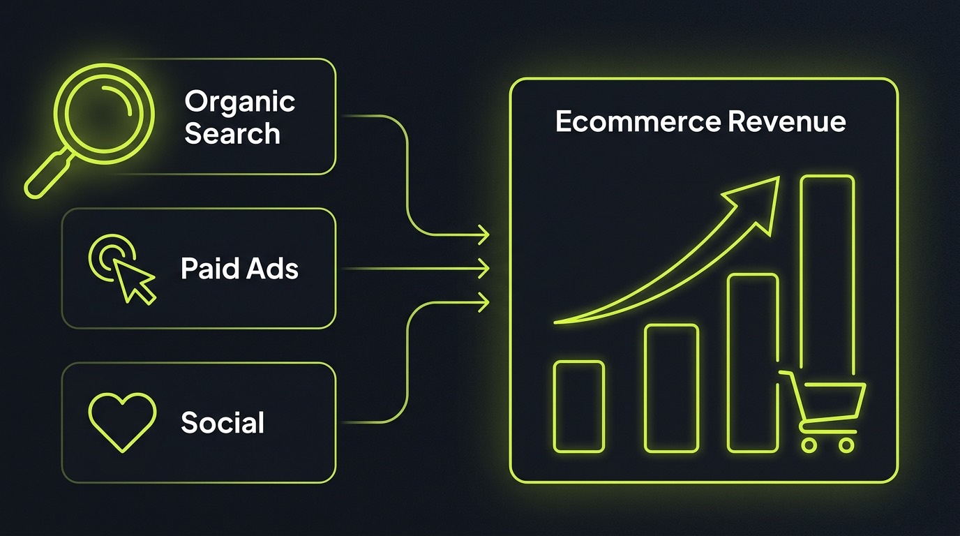 Editorial illustration on a dark background of organic search as one channel feeding an ecommerce revenue figure, shown alongside paid and social channels, with a rising sales chart rather than a traffic count
