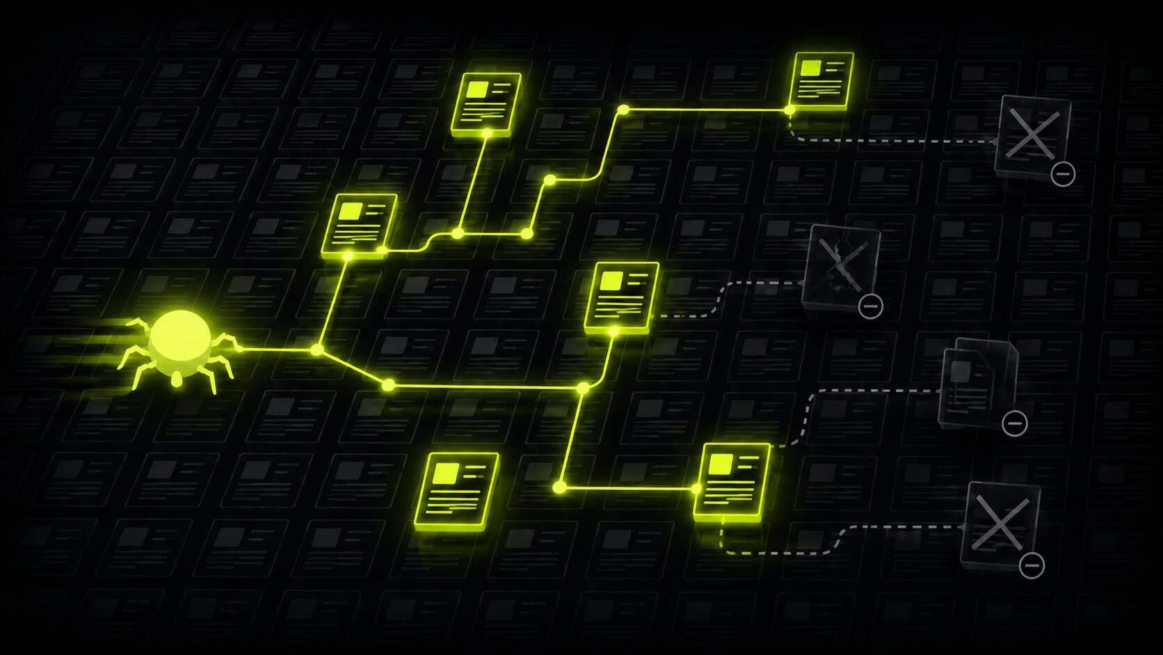 Editorial illustration on a dark background of a search engine crawler moving through a large grid of pages, guided toward high-value pages and away from duplicate and broken ones, representing crawl budget on a big site