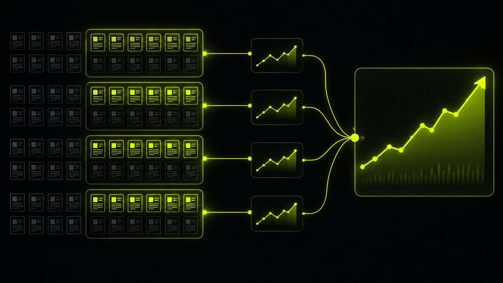 Editorial illustration on a dark background of enterprise SEO measured by page groups and segments, with templated sections rolled up into clear performance and revenue trends rather than individual page rankings