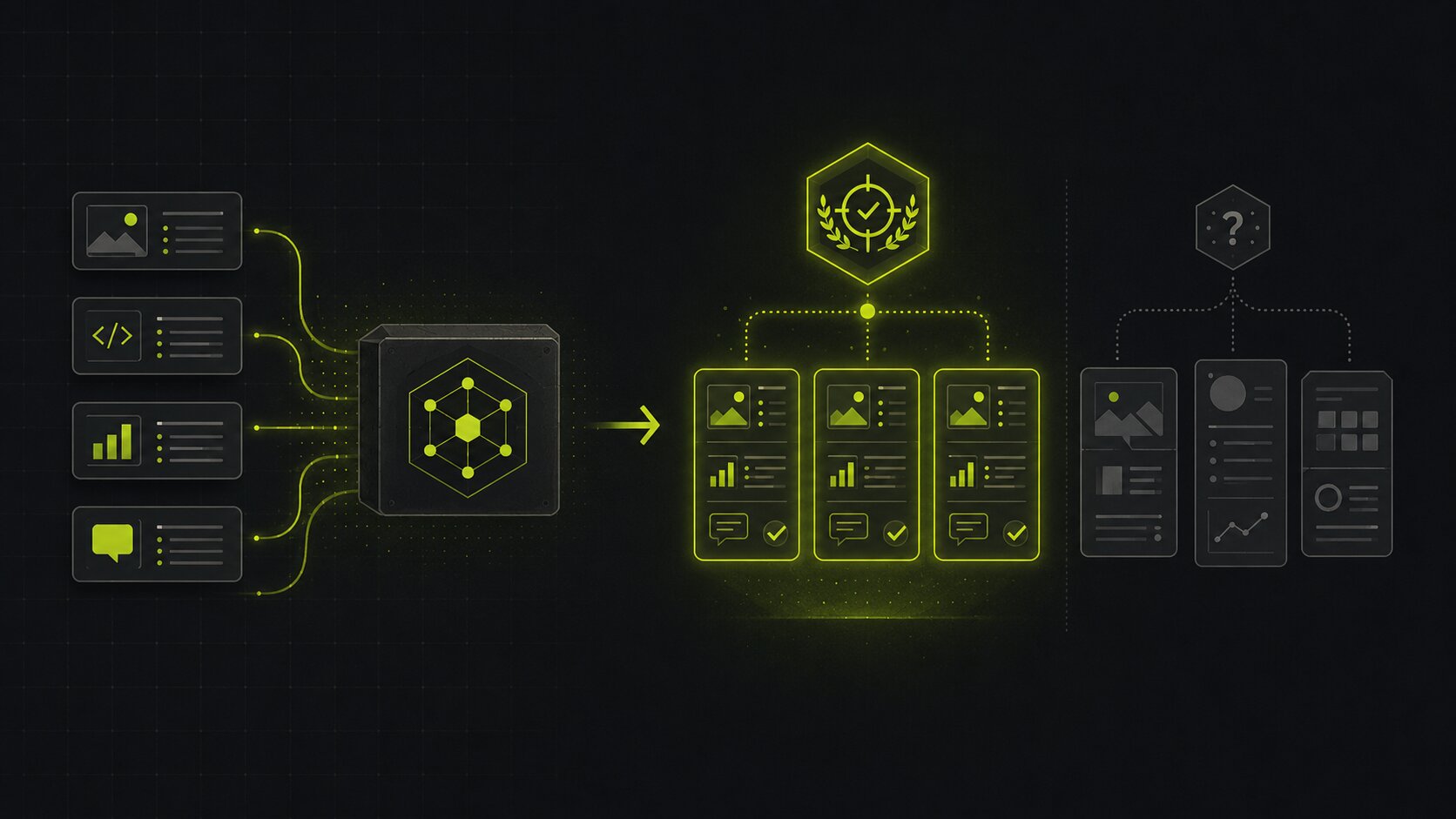 Editorial illustration on a dark background of fine-tuning shaping a model's behaviour, consistent tone, format and a specialised skill emerging from a base model trained on custom examples