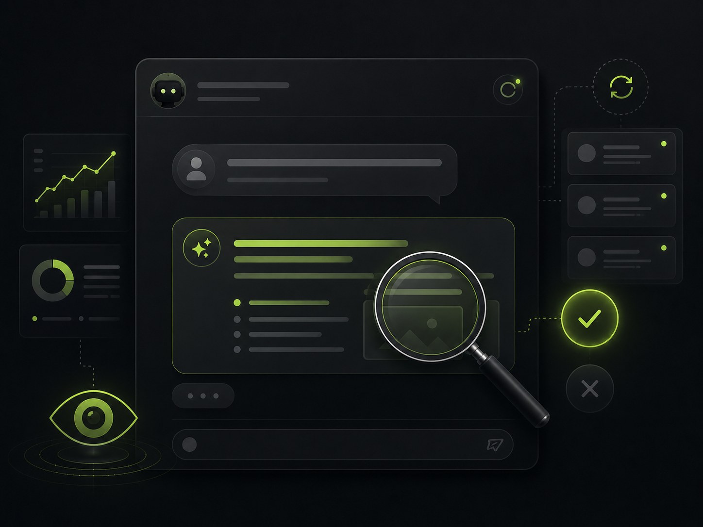 Editorial illustration on a dark background of a brand checking how ChatGPT describes it by asking the questions customers would ask, tracking whether the answers are accurate and current
