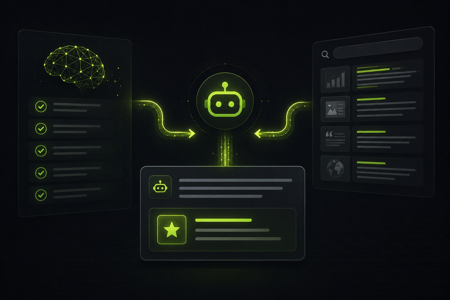 Editorial illustration on a dark background of ChatGPT drawing on two sources, its trained knowledge of who is credible and a live web search of current sources, to decide which brands to name