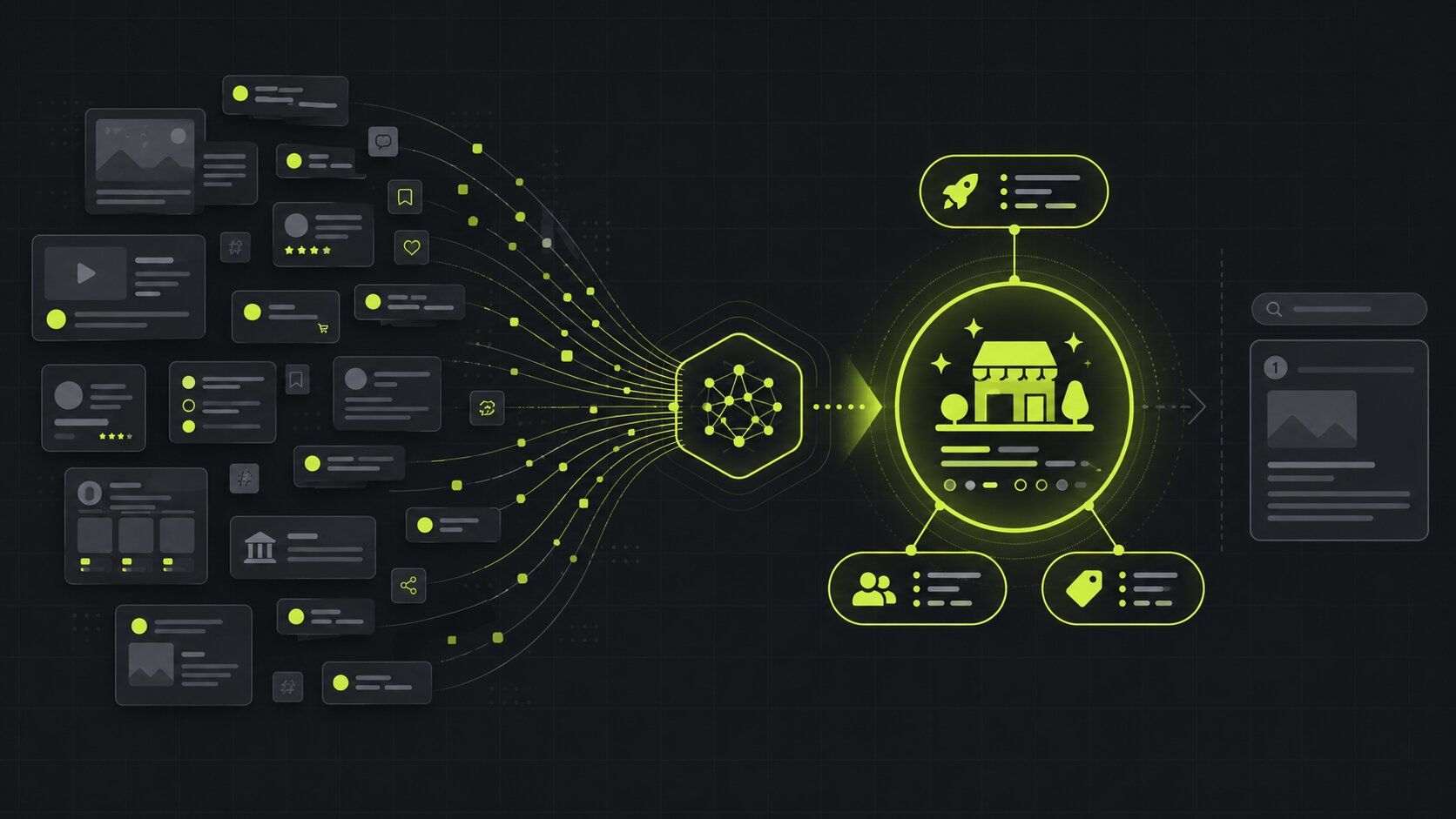 Editorial illustration on a dark charcoal background with lime accents: a language model's internal picture of a brand built from consistent information across the web, rather than a single ranked page