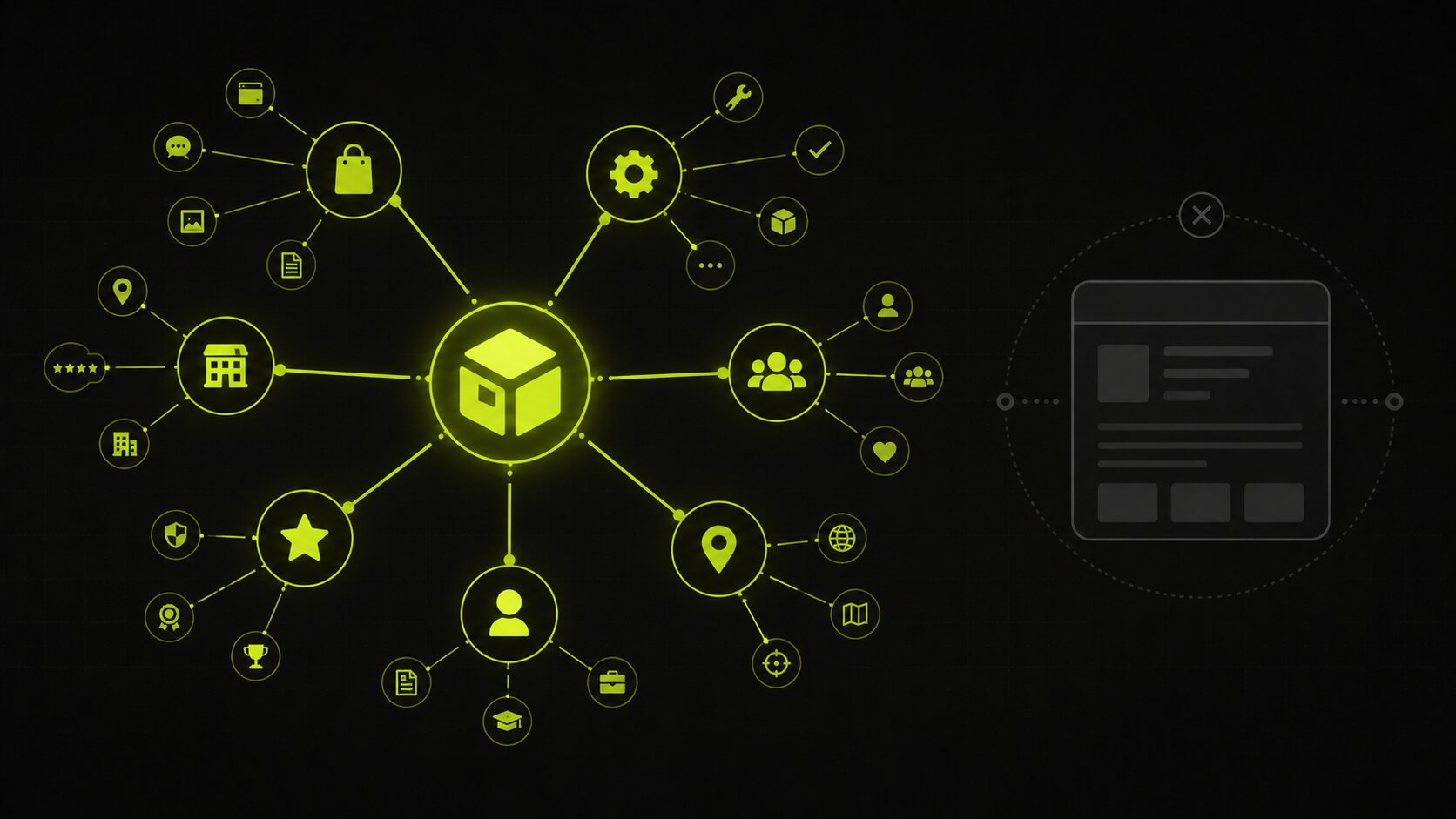 Editorial illustration on a dark background of a brand represented as a connected entity in a knowledge graph, linked to its services, category and people, rather than as an isolated web page