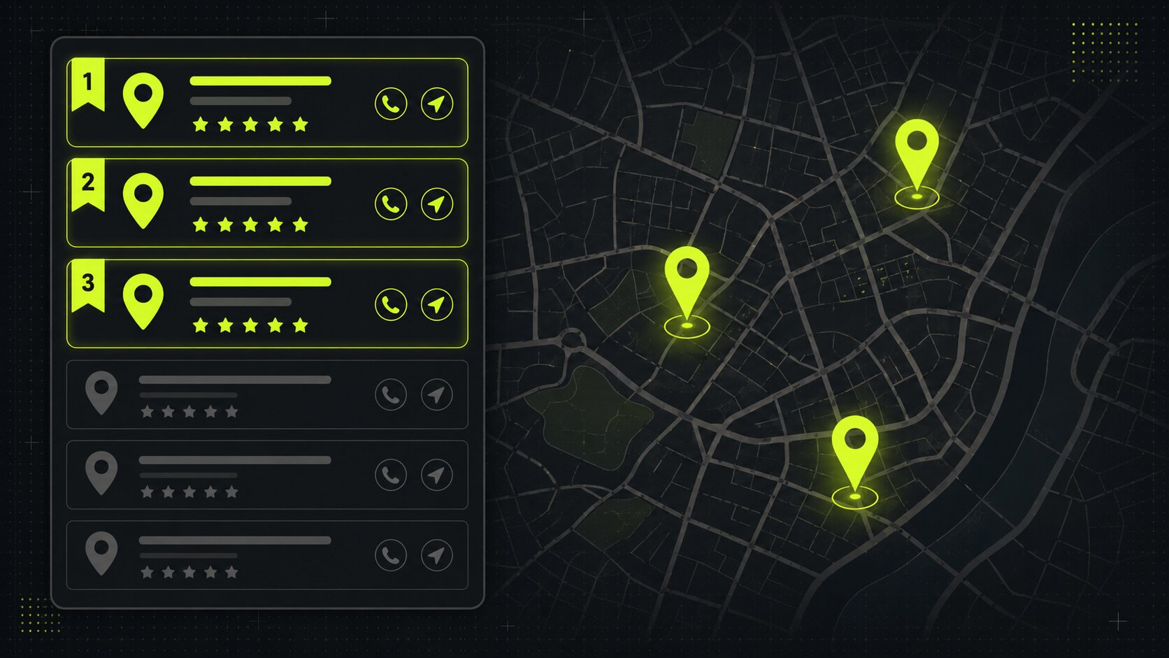 Editorial illustration on a dark background of a local map with three highlighted business listings at the top, the local map pack, with other businesses faded below to show the competition for the top three spots