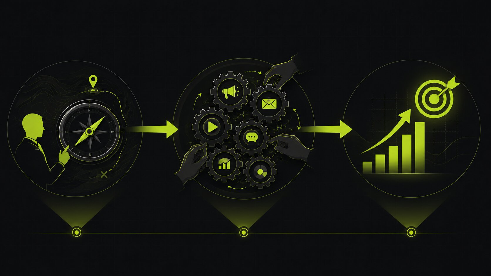 Editorial illustration on a dark background of a consultant setting strategy and direction feeding into an agency that executes the delivery, the two working together within one marketing programme