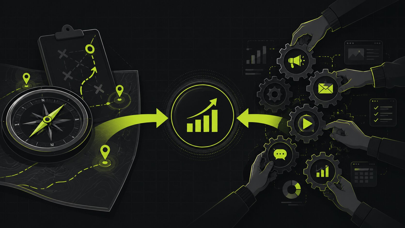 Editorial illustration on a dark charcoal background with lime accents: a consultant providing strategy and direction on one side and a full-service agency executing the work on the other