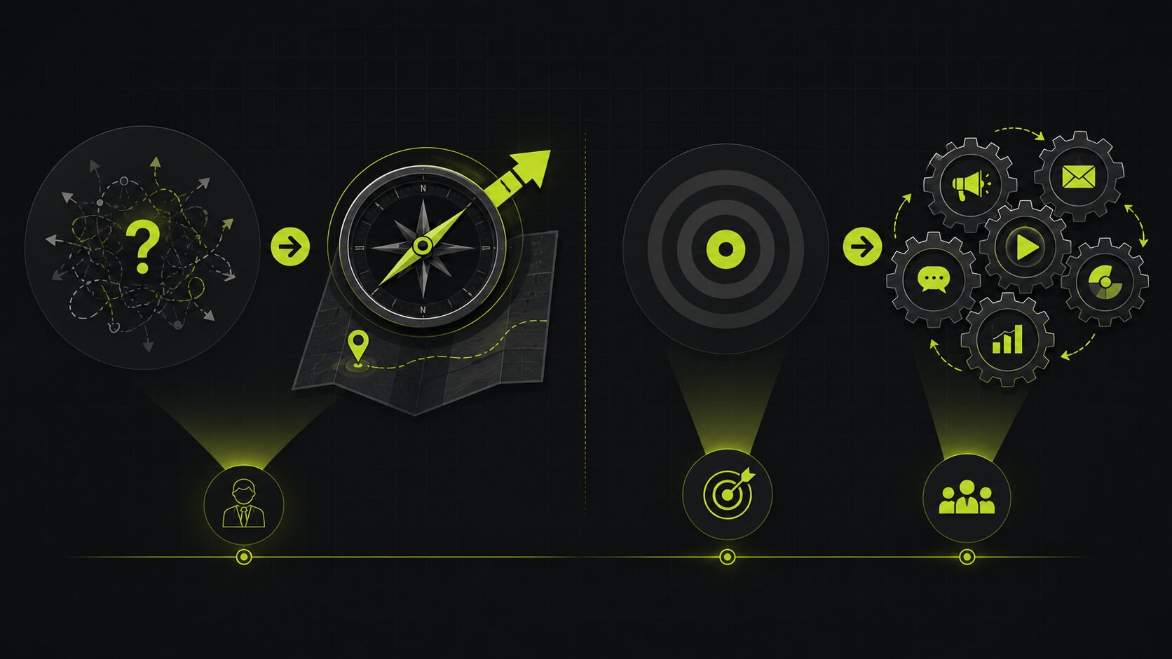 Editorial illustration on a dark background contrasting a strategy problem, unclear direction, with an execution problem, capacity to do the work, showing consulting fixing direction and an agency providing delivery