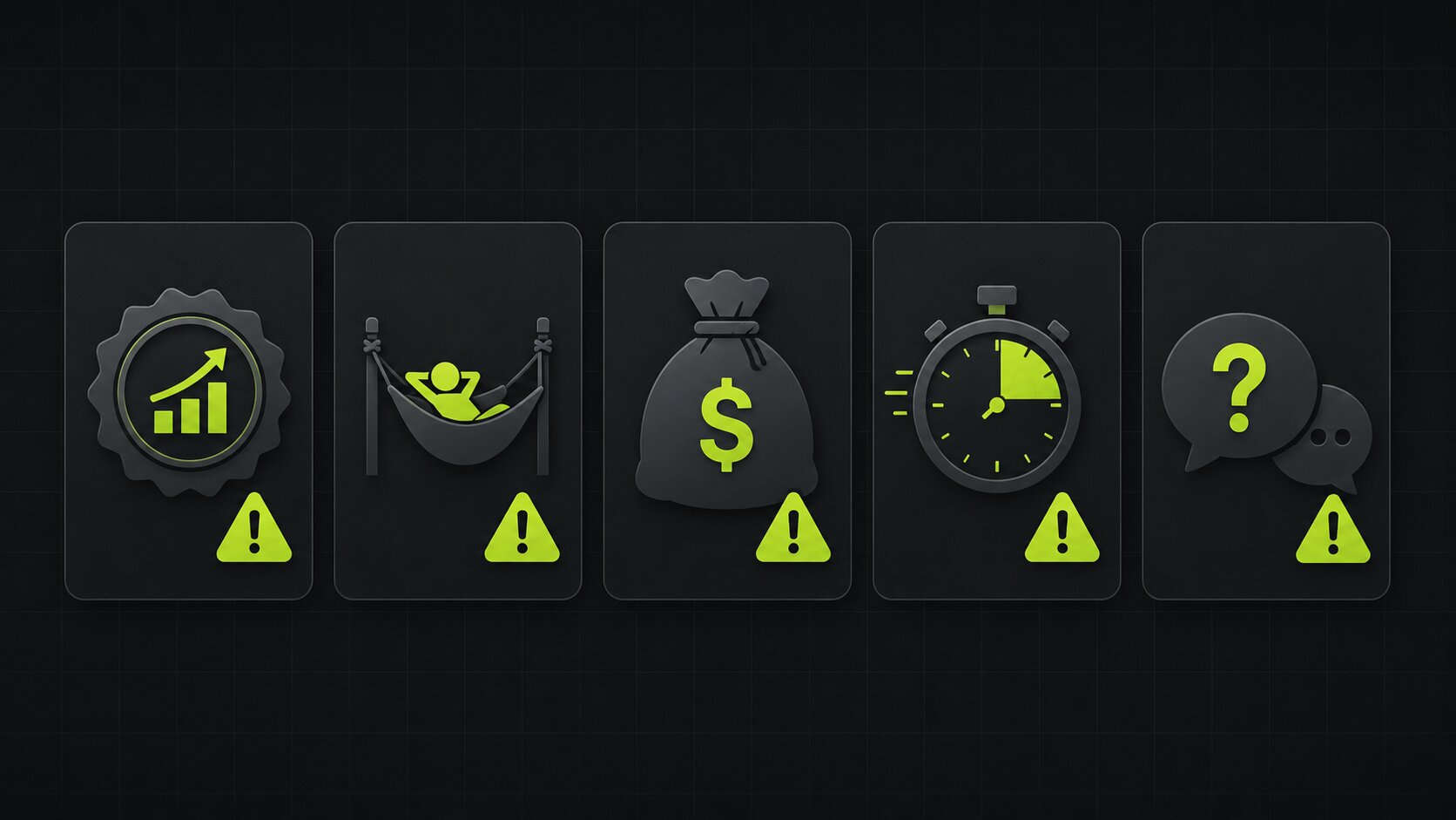 Editorial illustration on a dark background of dropshipping agency red flags, guaranteed profits, passive income, high upfront fees and pressure to sign, marked as warnings