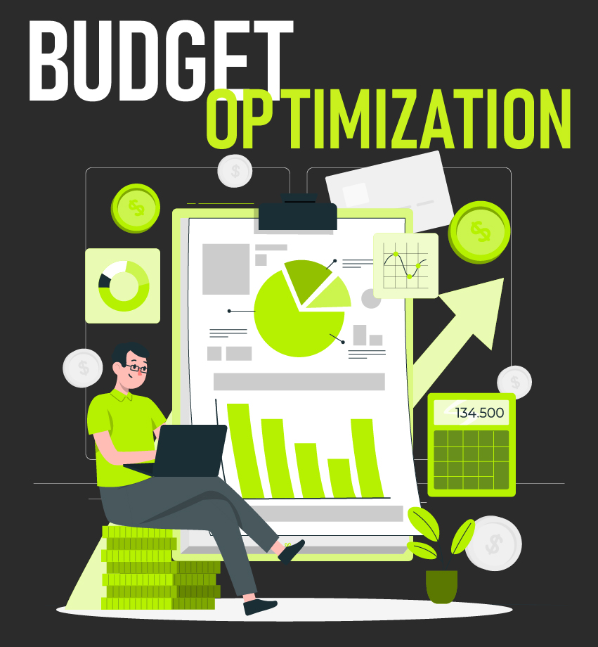 Isometric illustration of budget and spend analytics with charts and a calculator, representing AI-driven bid optimization in programmatic advertising