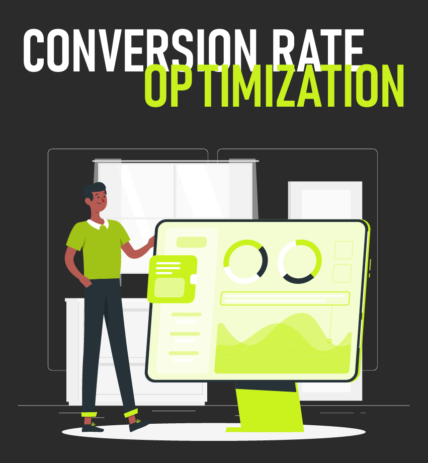 Isometric illustration of a person reviewing a conversion dashboard on a large screen, representing landing-page conversion rate optimization