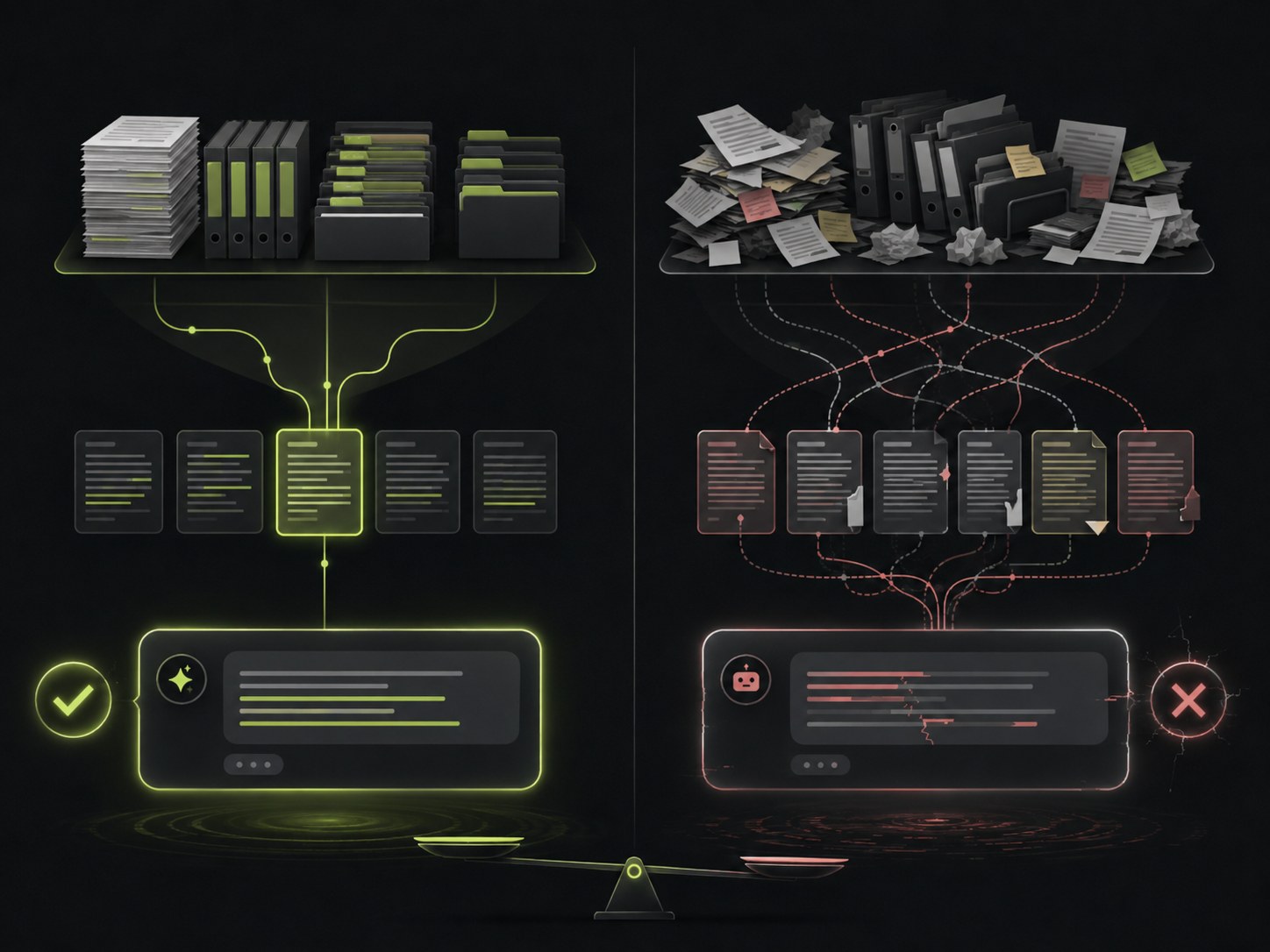 Editorial illustration on a dark background contrasting clean, well-organised company knowledge that retrieves accurate answers against messy, outdated documents that produce poor ones