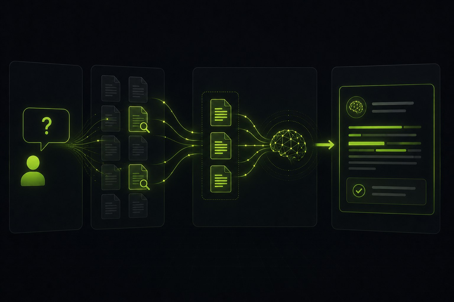 Editorial illustration on a dark background of the RAG flow: a question retrieving the relevant passages from a company's documents, which are then given to an AI model to generate a grounded answer