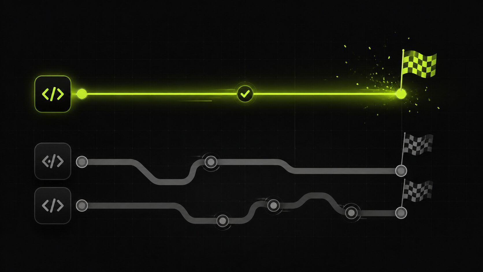 Editorial illustration on a dark background comparing one shared codebase against two native builds across cost and timeline, with the shared path shown as a single shorter track and the native path as two parallel tracks