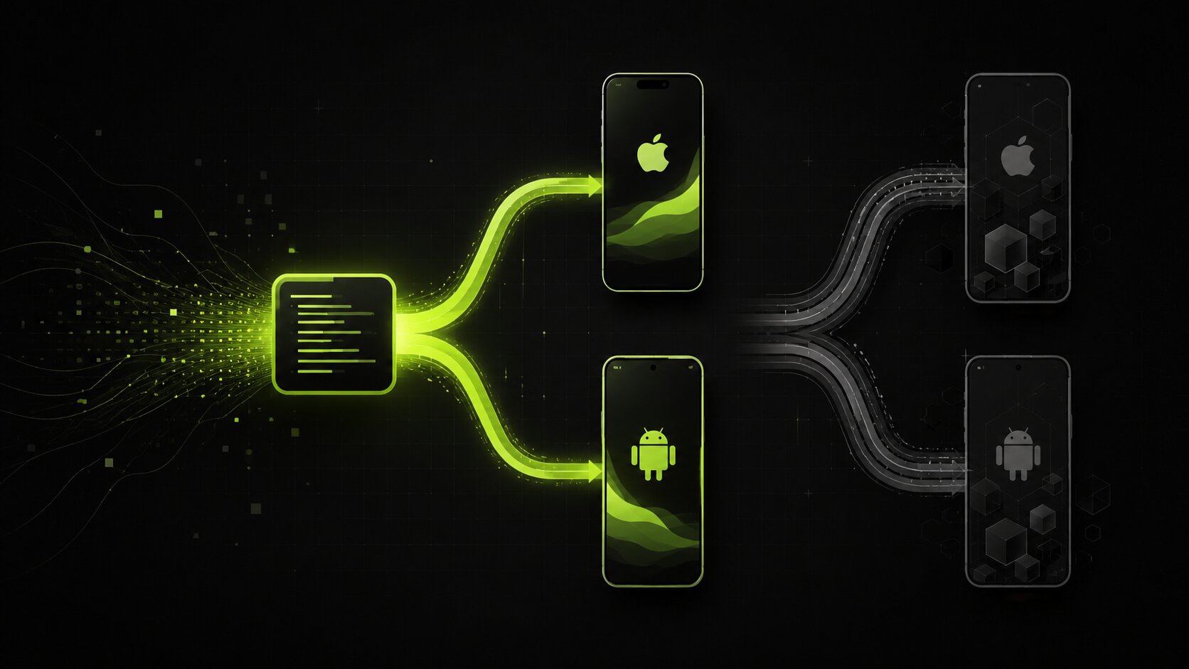Editorial illustration on a dark charcoal background with lime accents: a single app codebase splitting into an iOS phone and an Android phone on one side, weighed against two separate native builds on the other