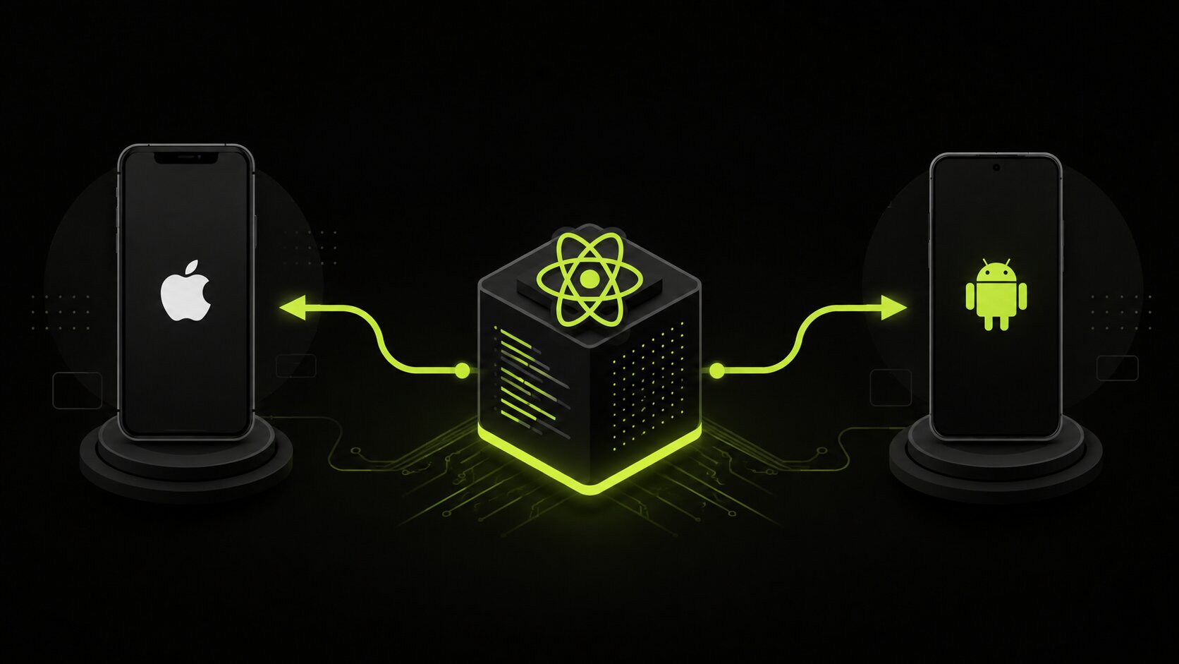 Editorial illustration on a dark background of a single app codebase branching into an iOS phone and an Android phone, showing one shared React Native codebase serving both platforms