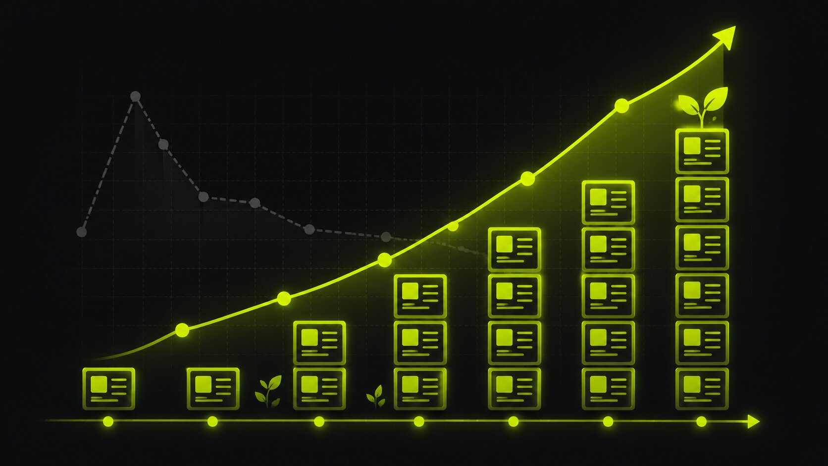 Editorial illustration on a dark background of evergreen SaaS content as building blocks stacking over time into a rising line, showing how content and SEO compound into durable organic demand