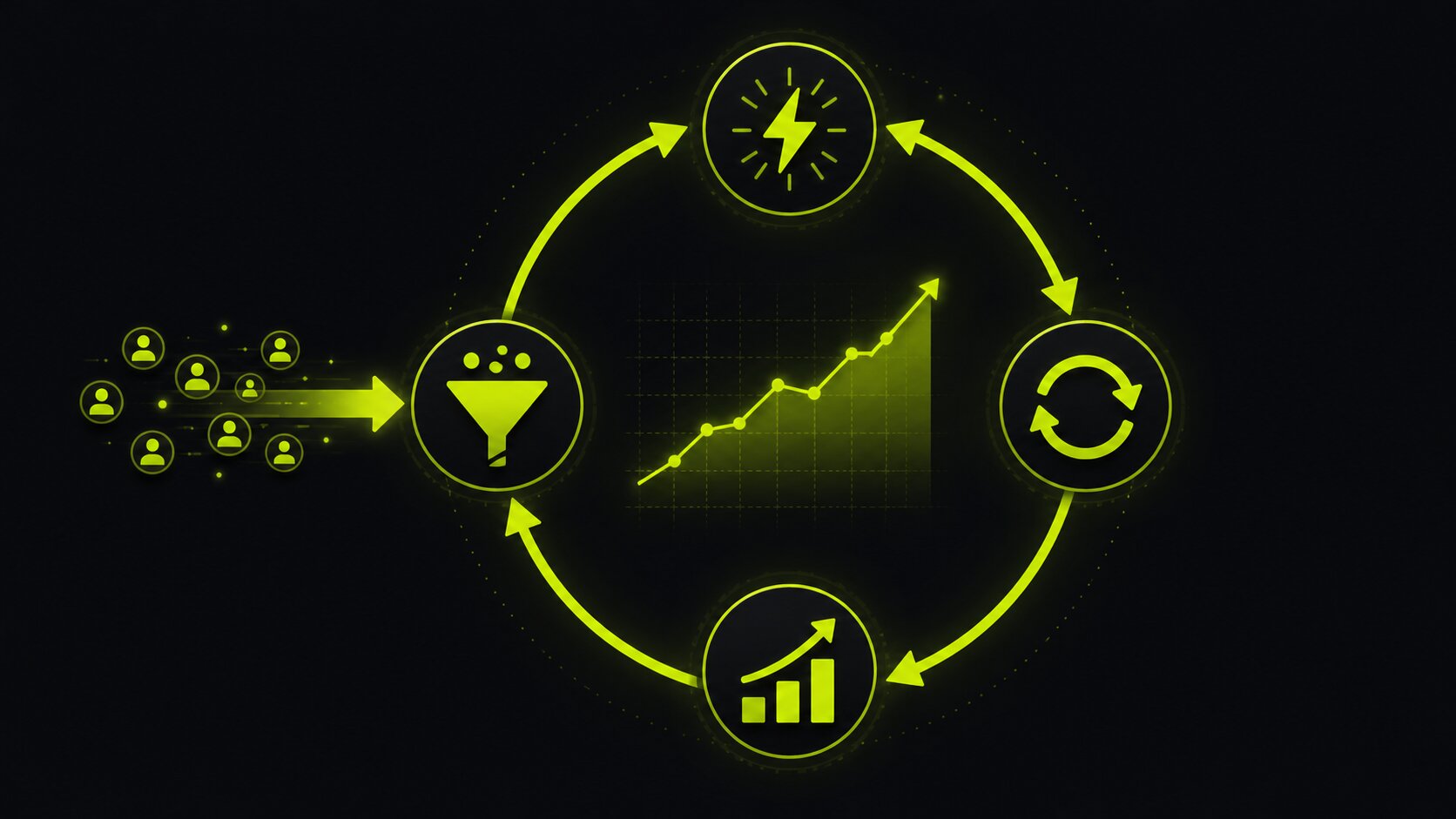 Editorial illustration on a dark background of the SaaS customer lifecycle as a loop, acquisition, activation, retention and expansion, circling a steady recurring-revenue line rather than a single one-off sale