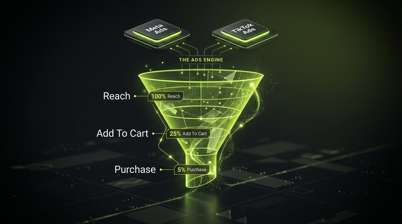 Dark illustration titled The Ads Engine showing Meta Ads and TikTok Ads feeding a lime funnel with stages Reach at 100 percent, Add To Cart at 25 percent and Purchase at 5 percent