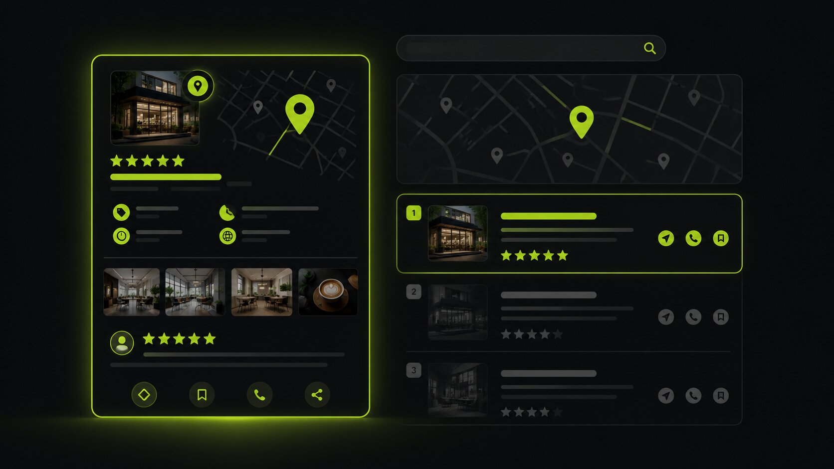 Editorial illustration on a dark background of a complete Google Business Profile for a small local business, appearing in the map results with photos, categories and reviews as the highest-return first step