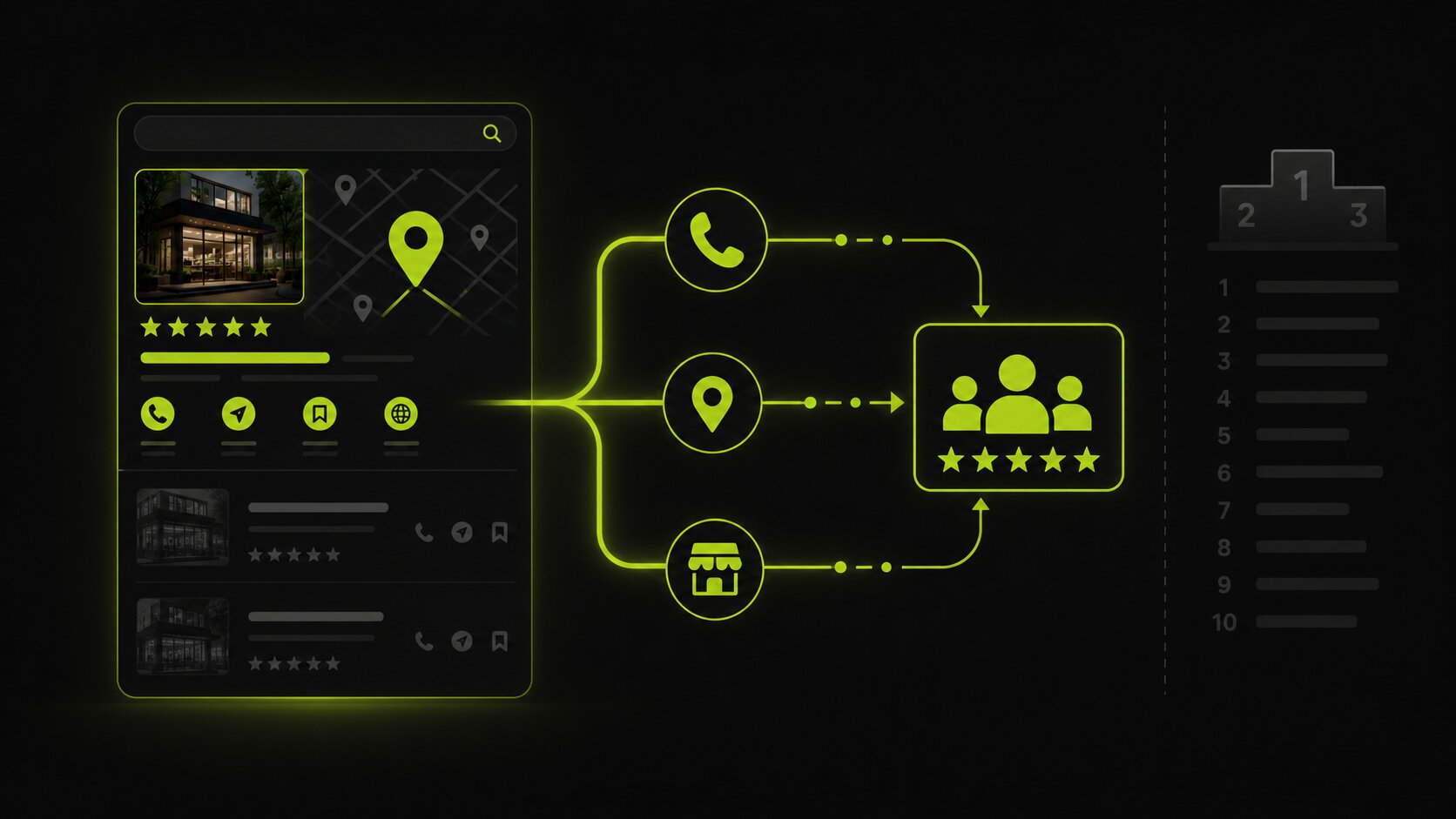 Editorial illustration on a dark background of measuring small business SEO by calls, direction requests and enquiries from local search rather than by ranking position alone